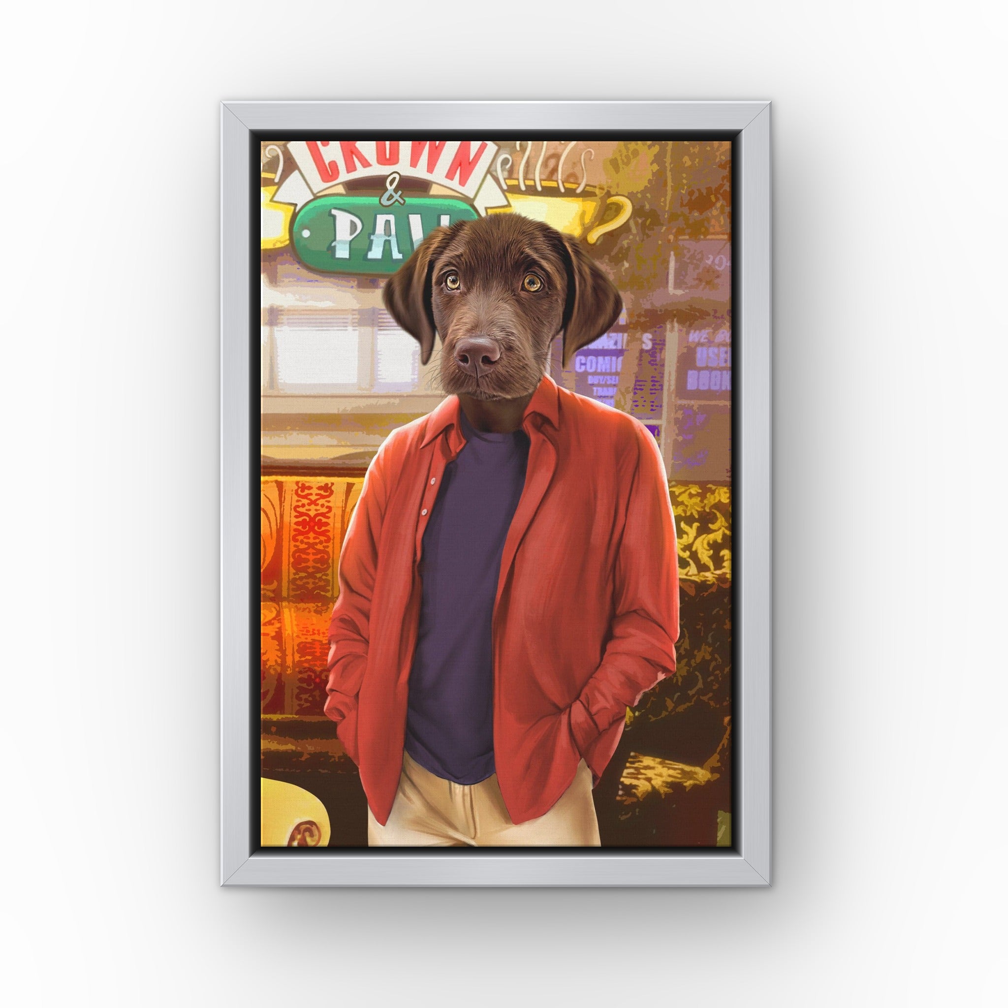 The Smart Friend custom pet canvas in a silver floating frame