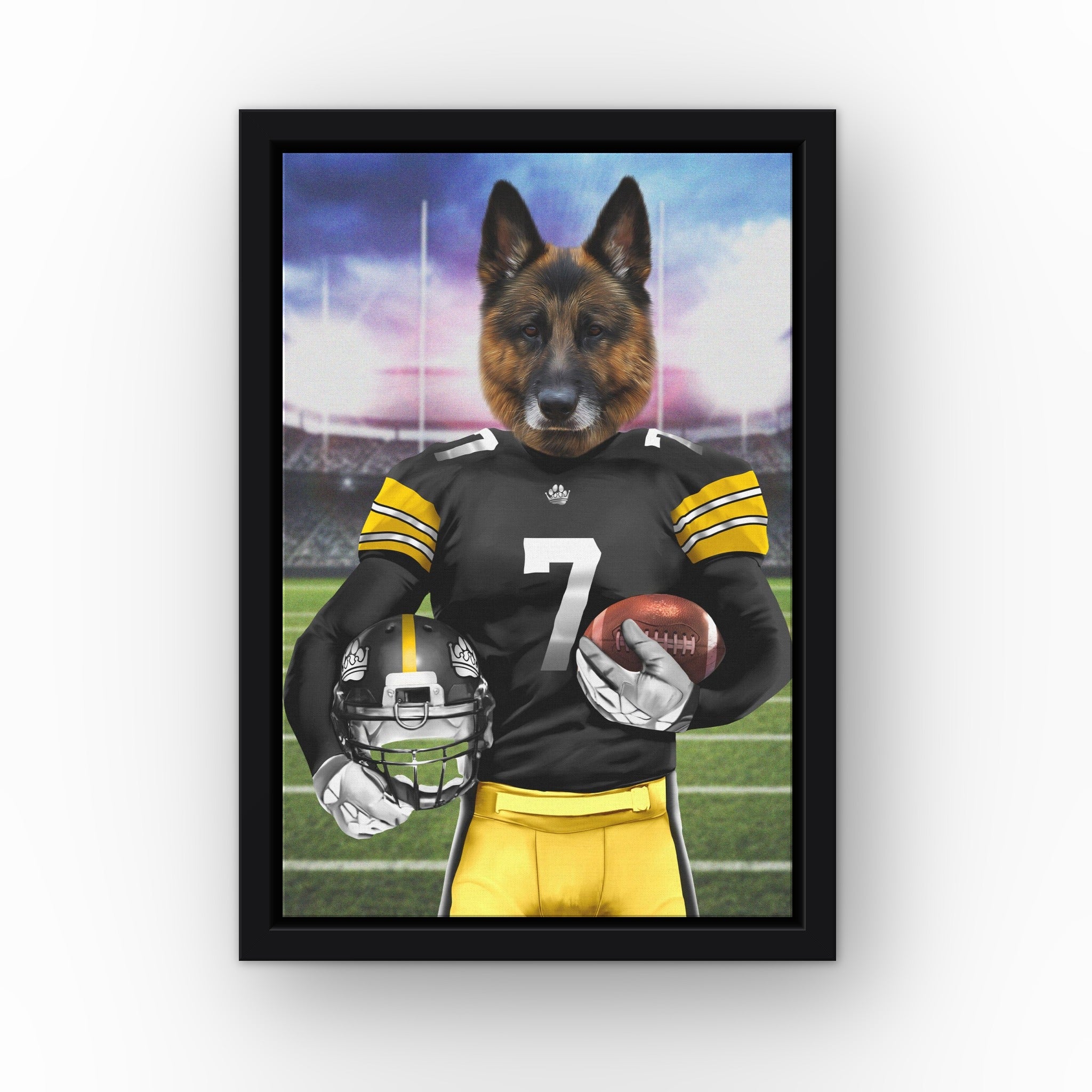 The Snack Steelers custom pet canvas in a black floating frame