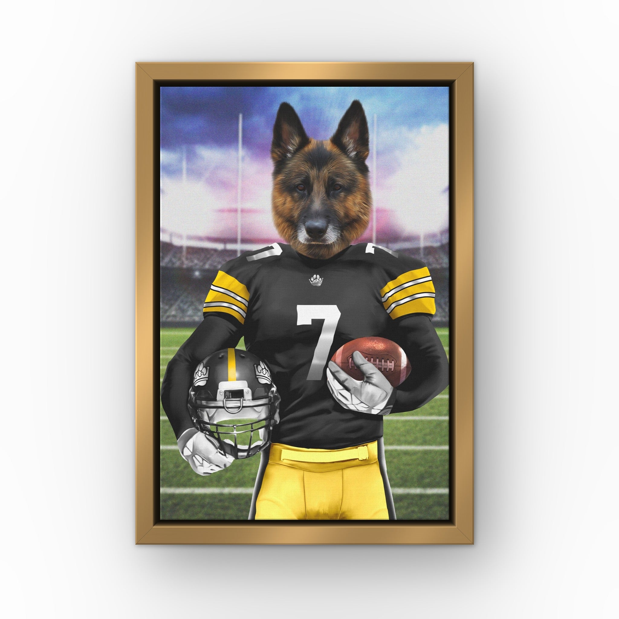 The Snack Steelers custom pet canvas in a gold floating frame
