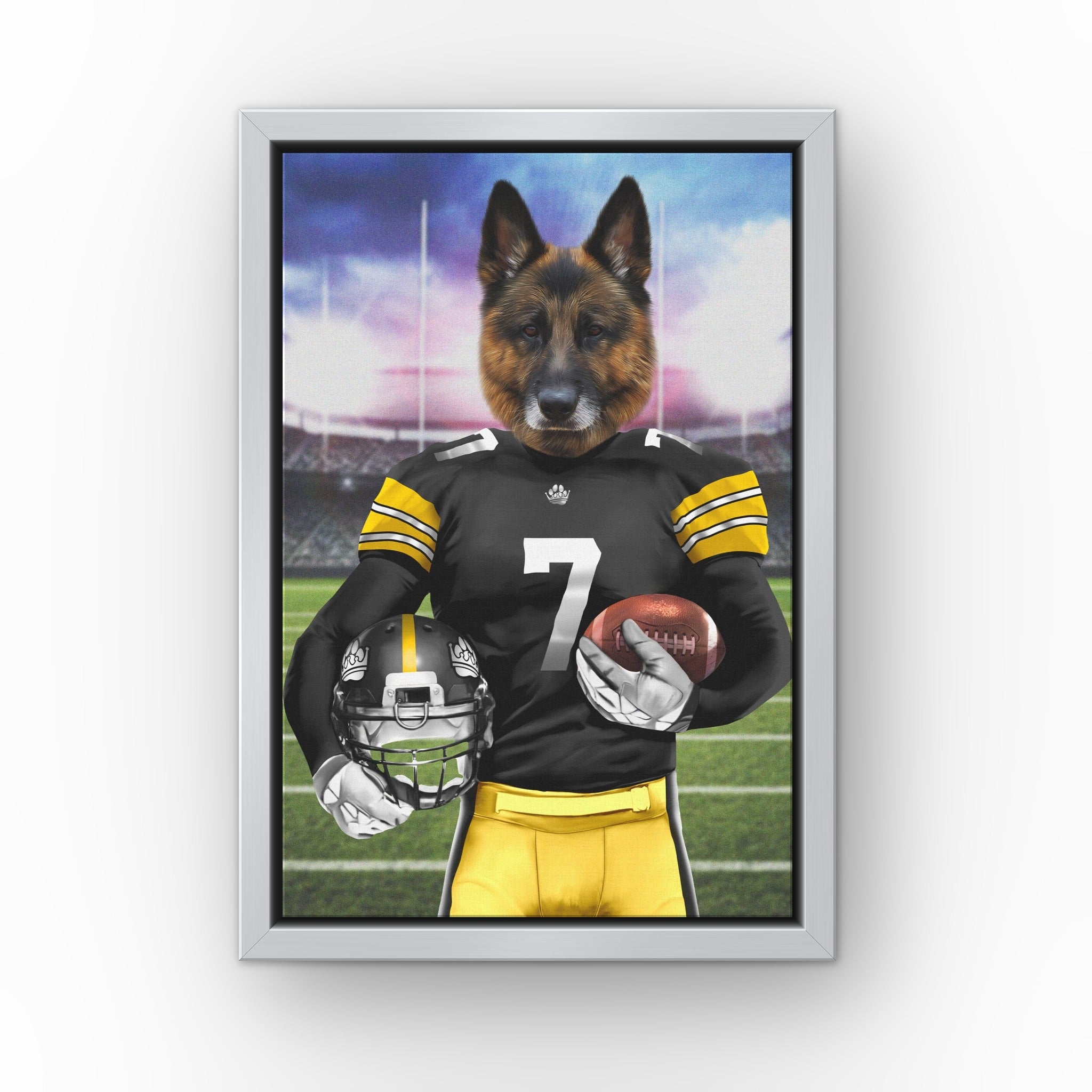 The Snack Steelers custom pet canvas in a silver floating frame