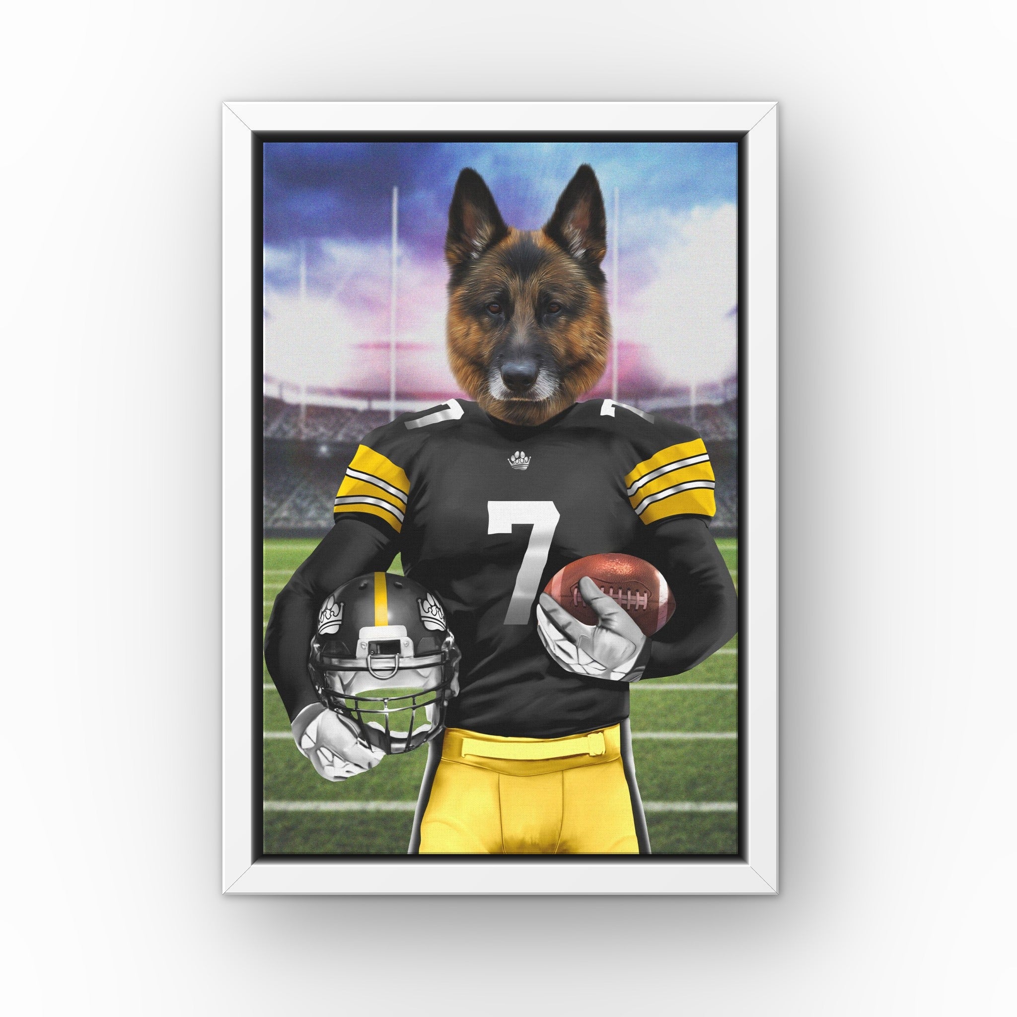 The Snack Steelers custom pet canvas in a white floating frame