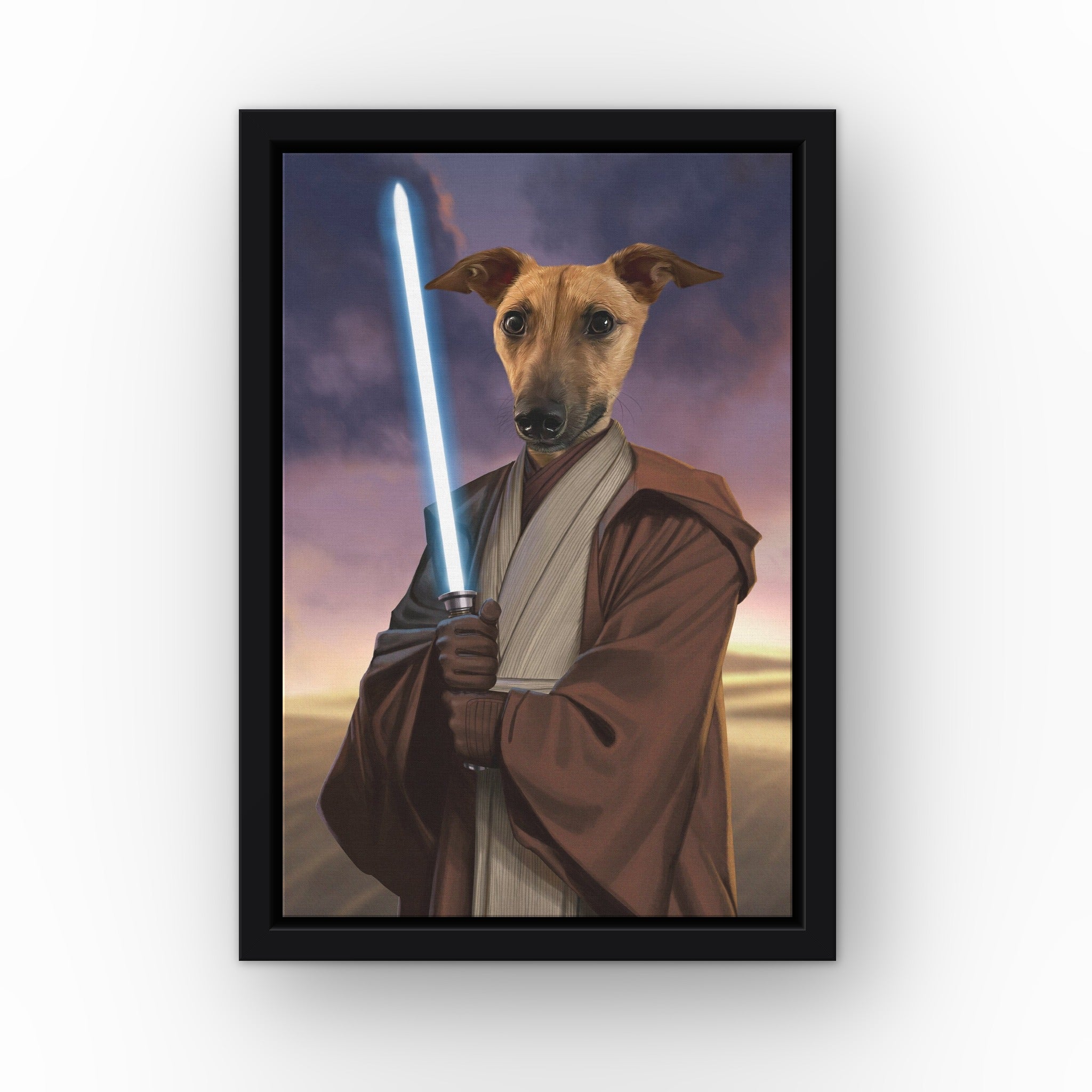 The Space General custom pet canvas in a black floating frame