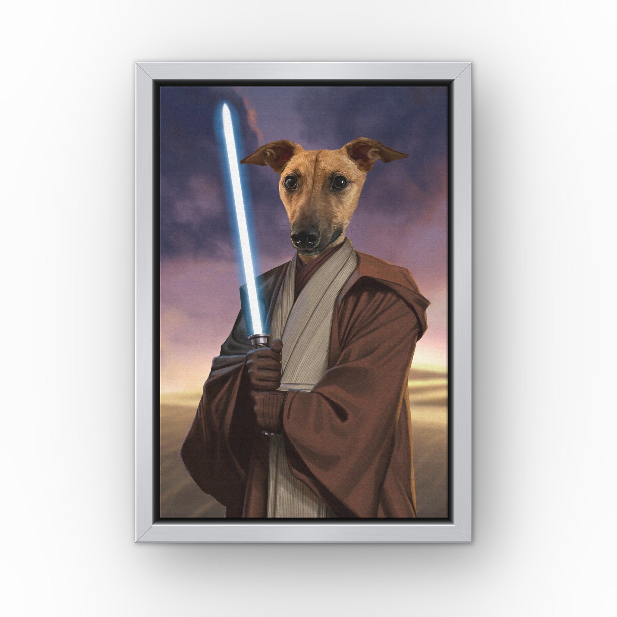 The Space General custom pet canvas in a silver floating frame