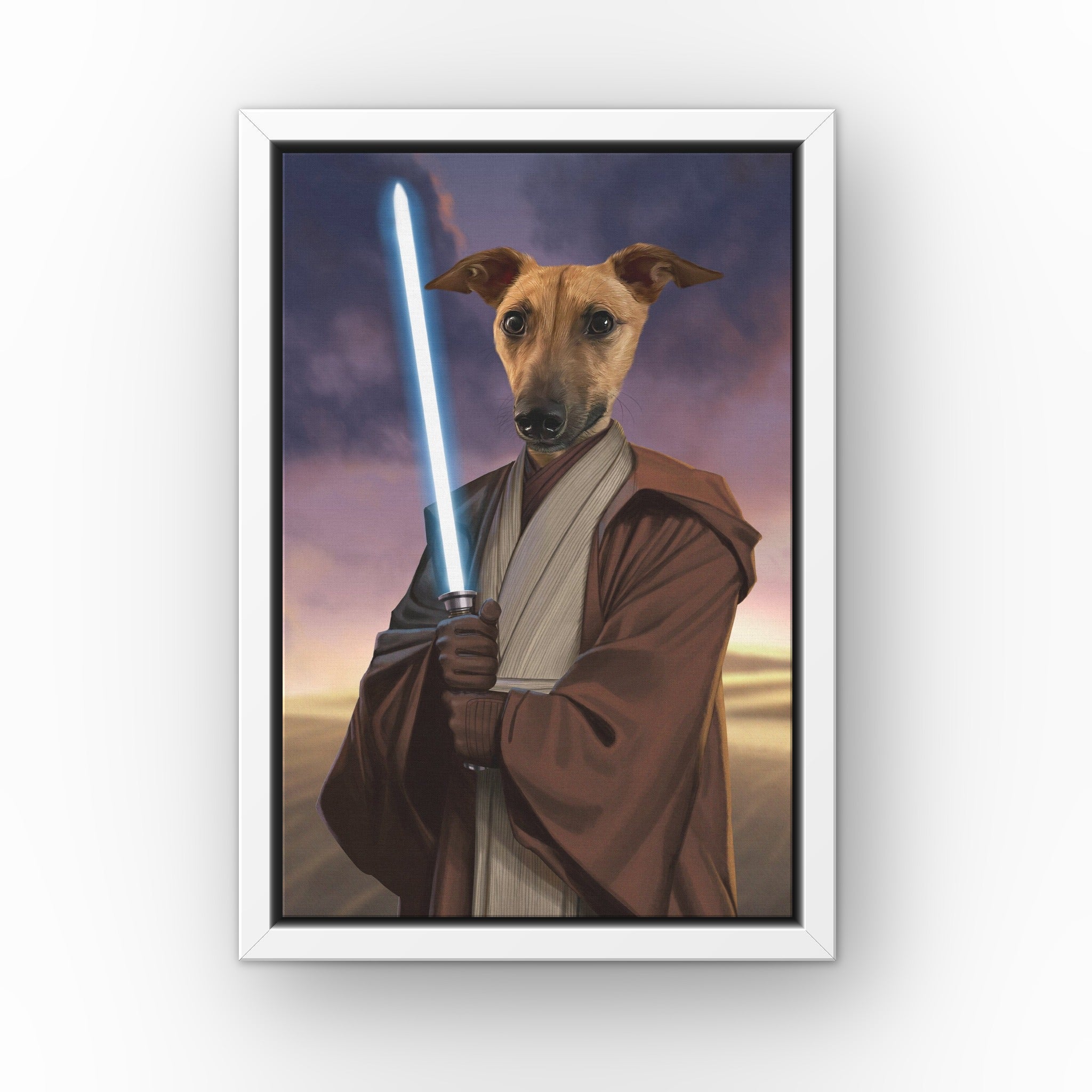 The Space General custom pet canvas in a white floating frame