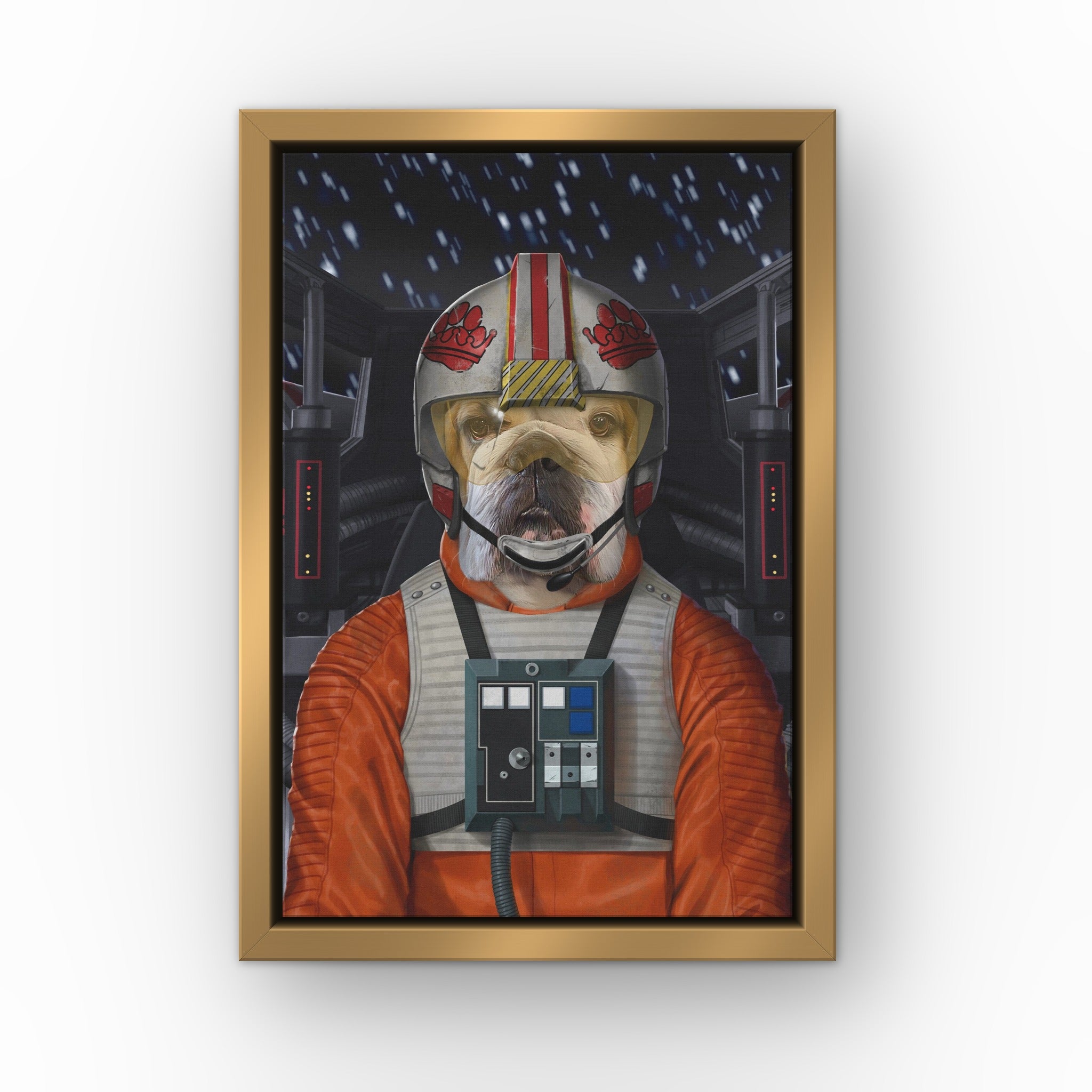 The Space Pilot custom pet canvas in a gold floating frame