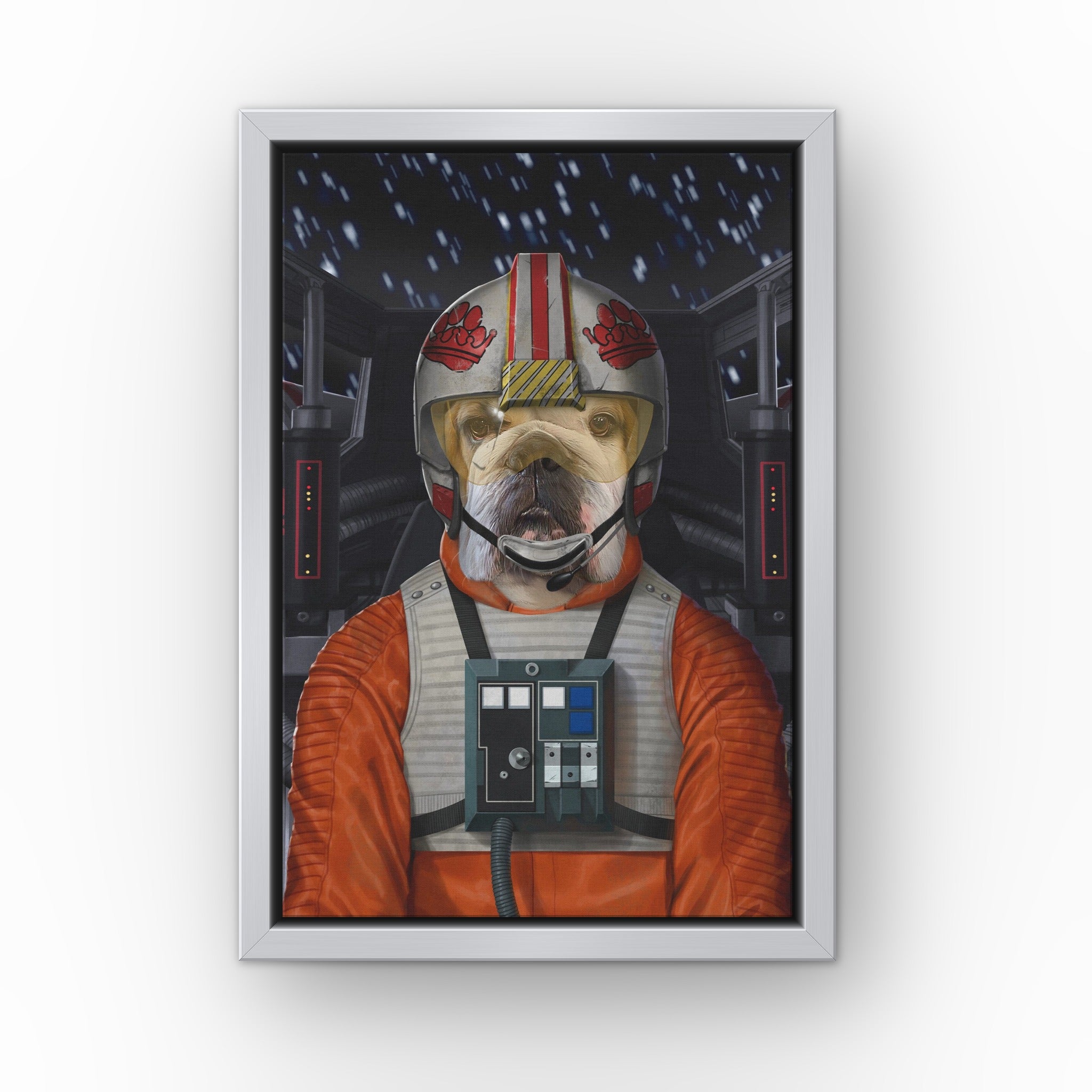 The Space Pilot custom pet canvas in a silver floating frame