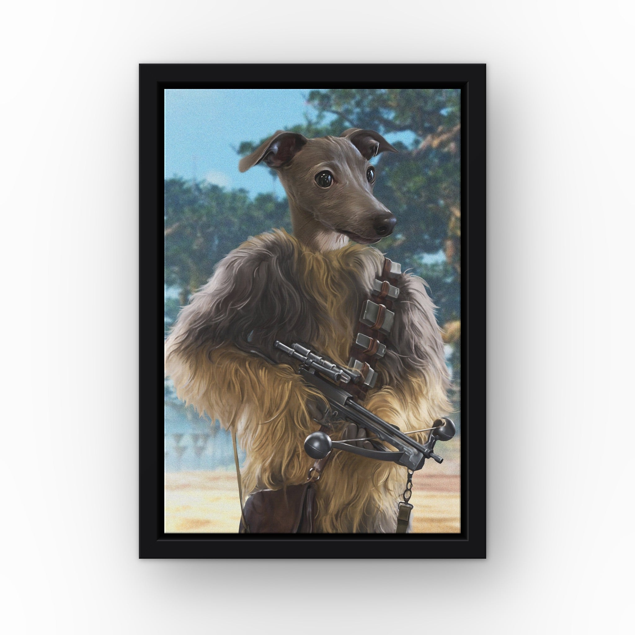 The Strong Smuggler custom pet canvas in a black floating frame