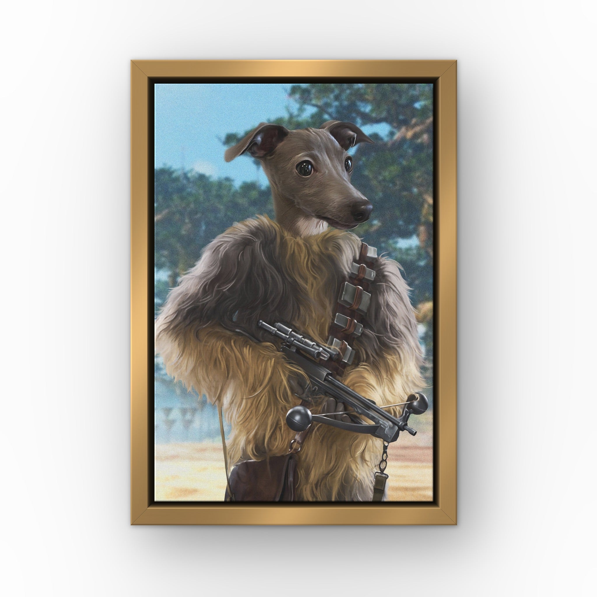 The Strong Smuggler custom pet canvas in a gold floating frame