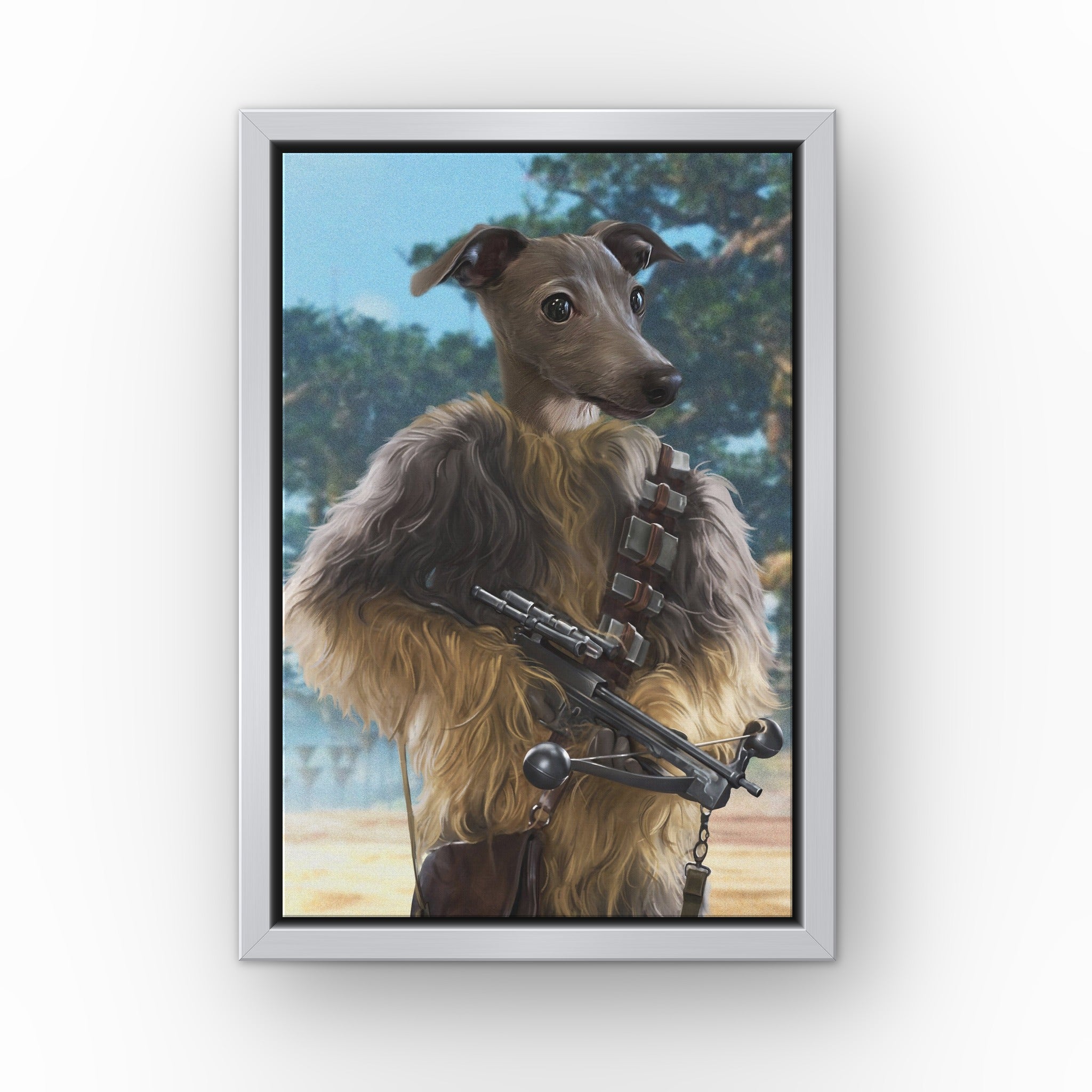 The Strong Smuggler custom pet canvas in a silver floating frame