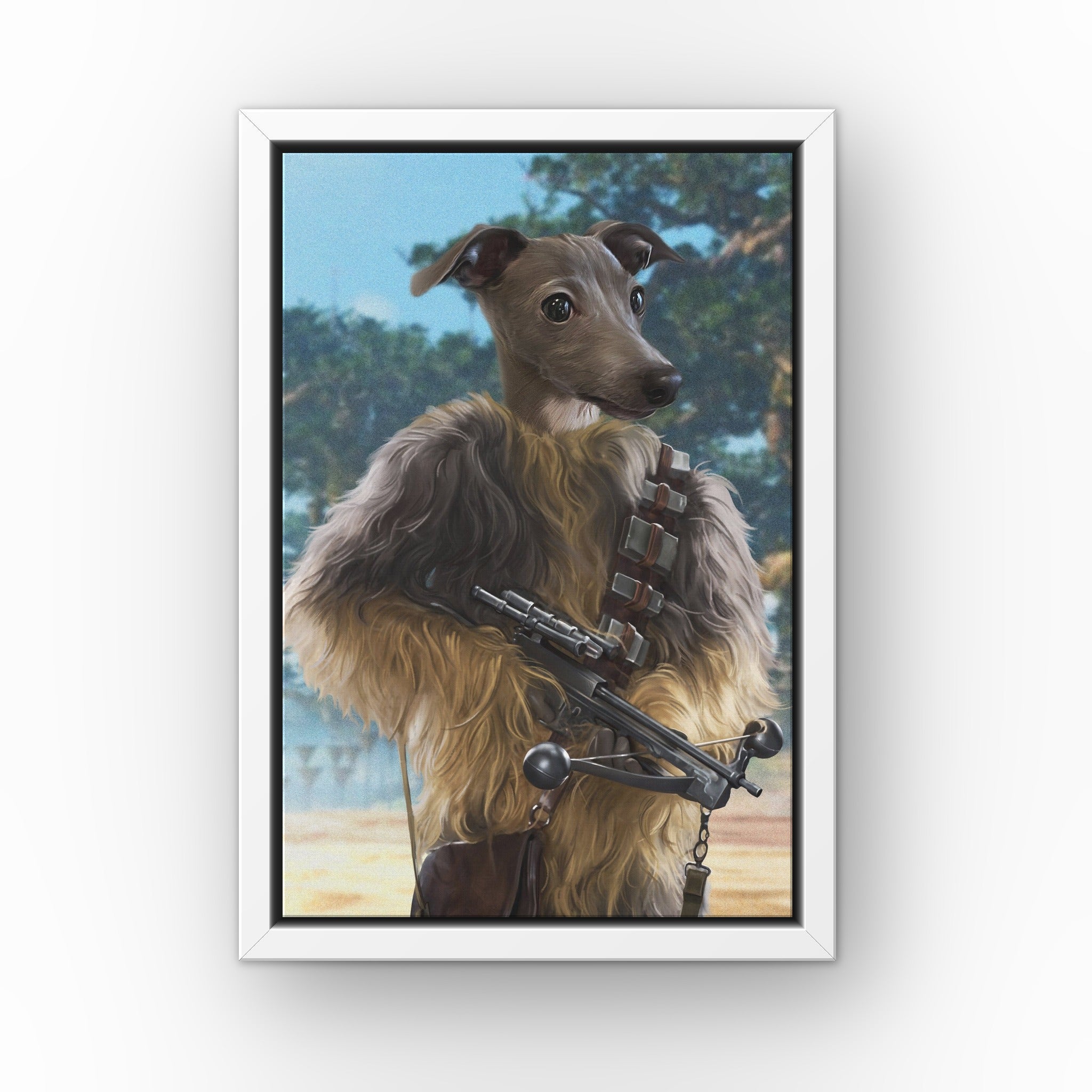 The Strong Smuggler custom pet canvas in a white floating frame