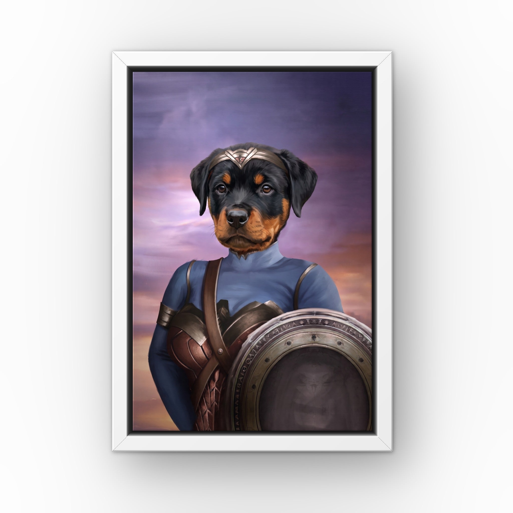 The Super Princess custom pet canvas in a white floating frame
