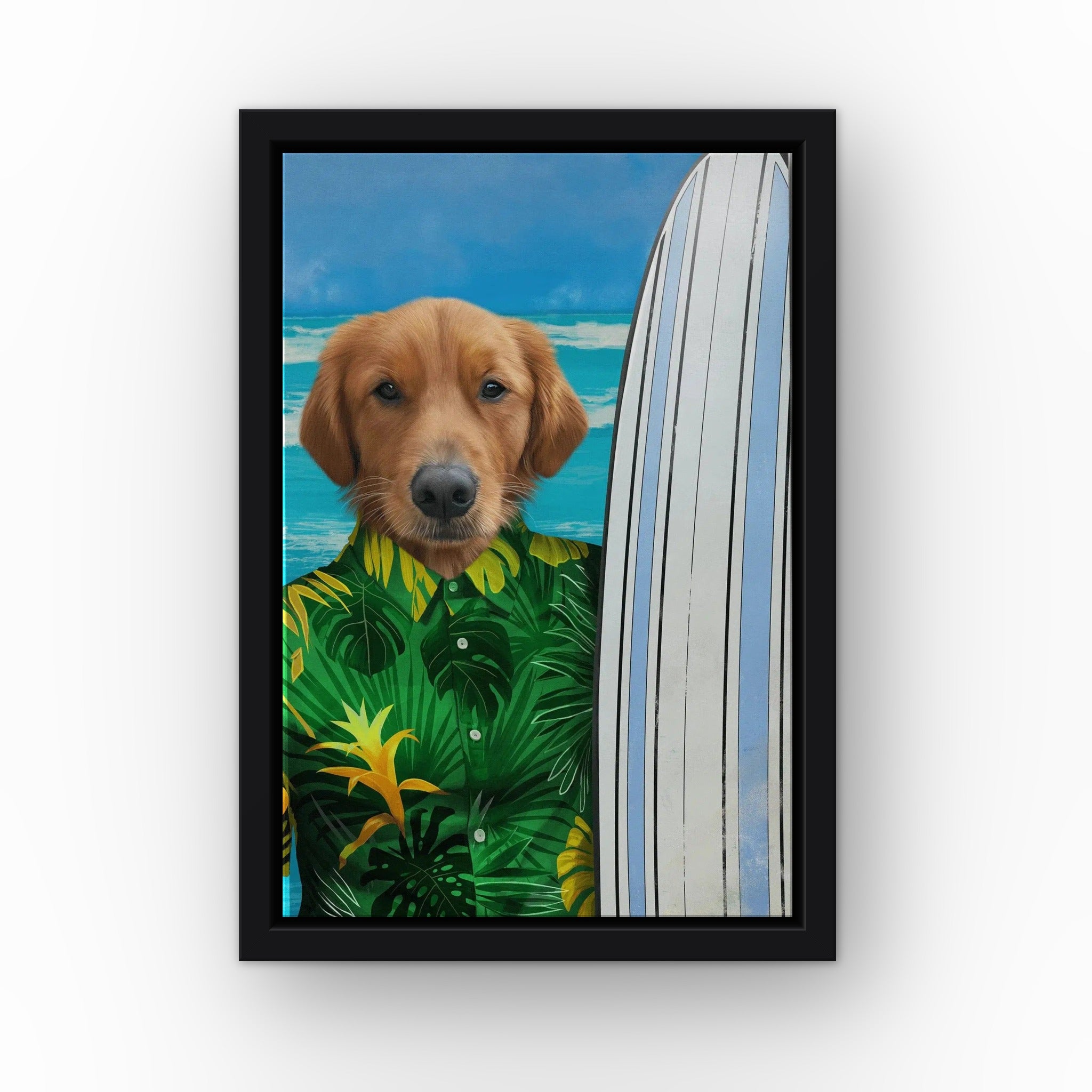 The Surfer (green) custom pet canvas in a black floating frame