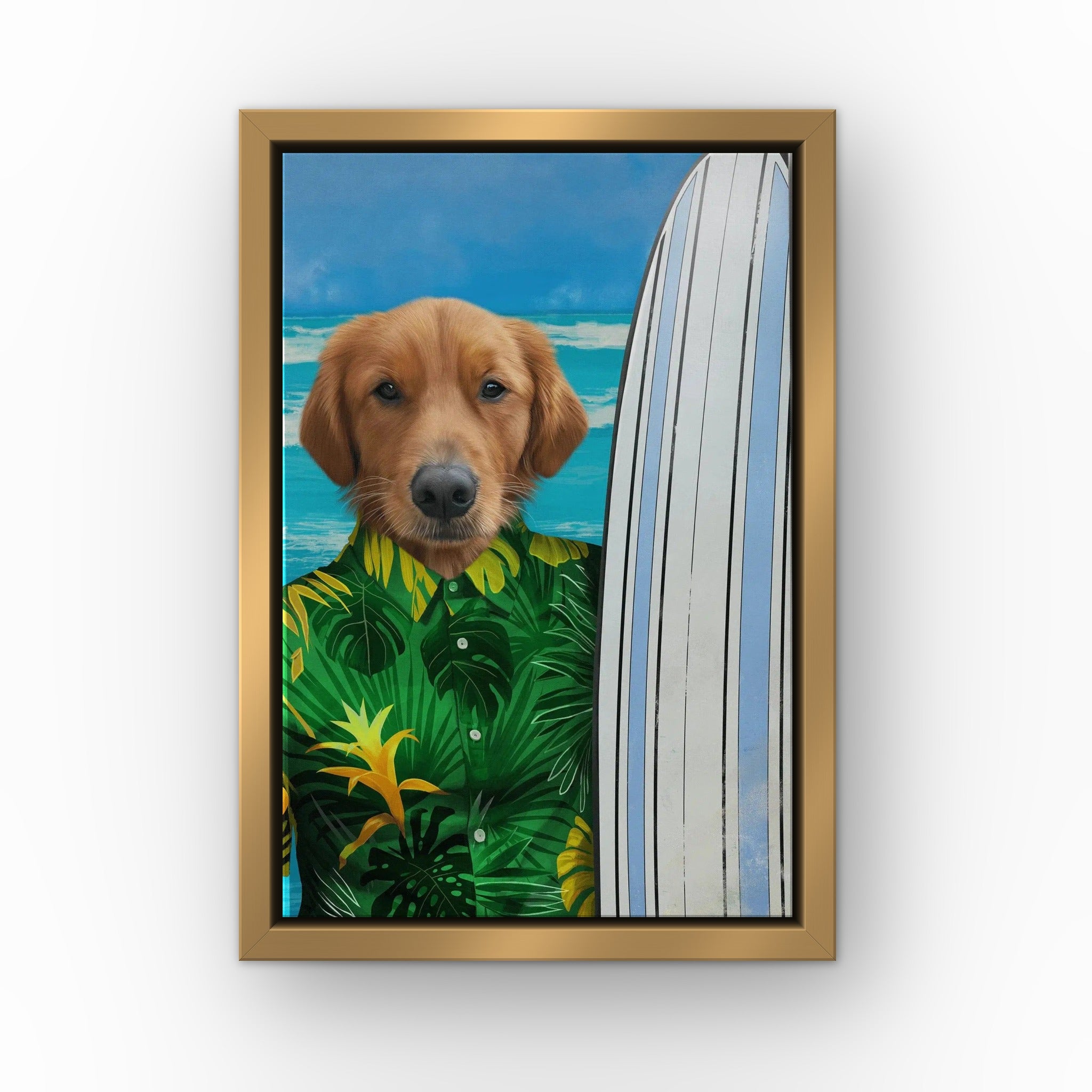 The Surfer (green) custom pet canvas in a gold floating frame