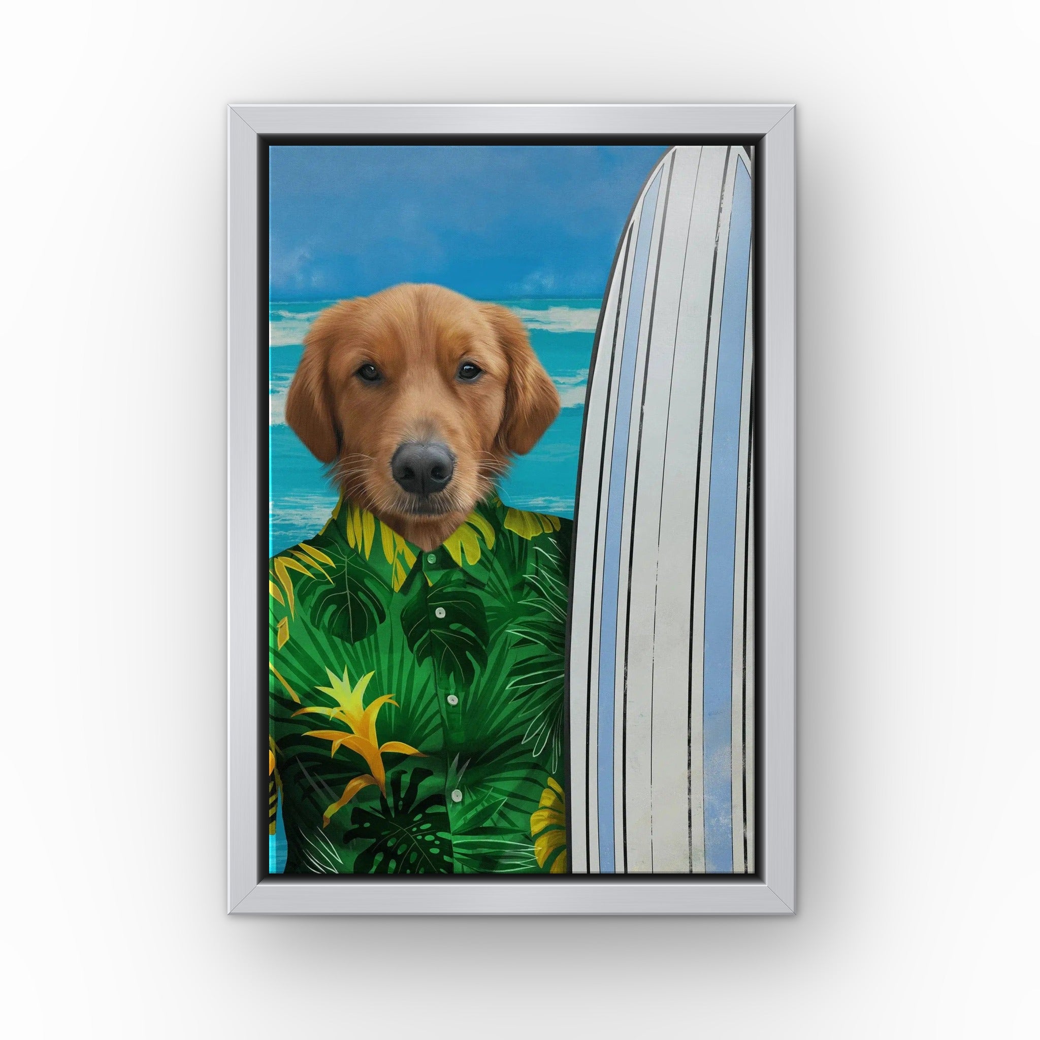 The Surfer (green) custom pet canvas in a silver floating frame