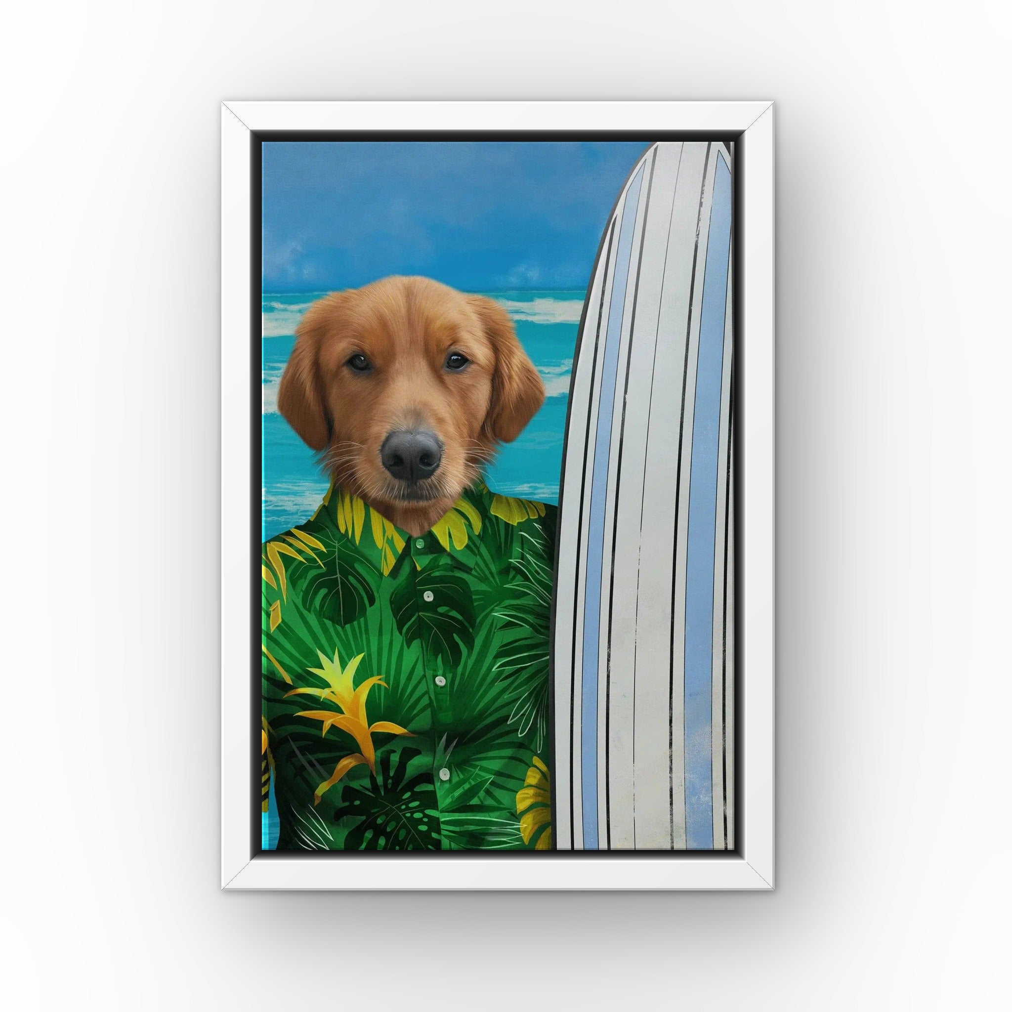 The Surfer (green) custom pet canvas in a white floating frame