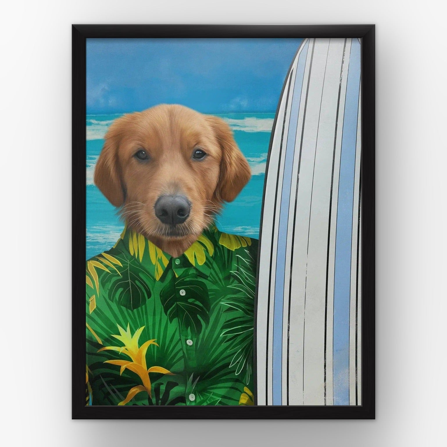 The Surfer (green) custom pet poster in a black frame