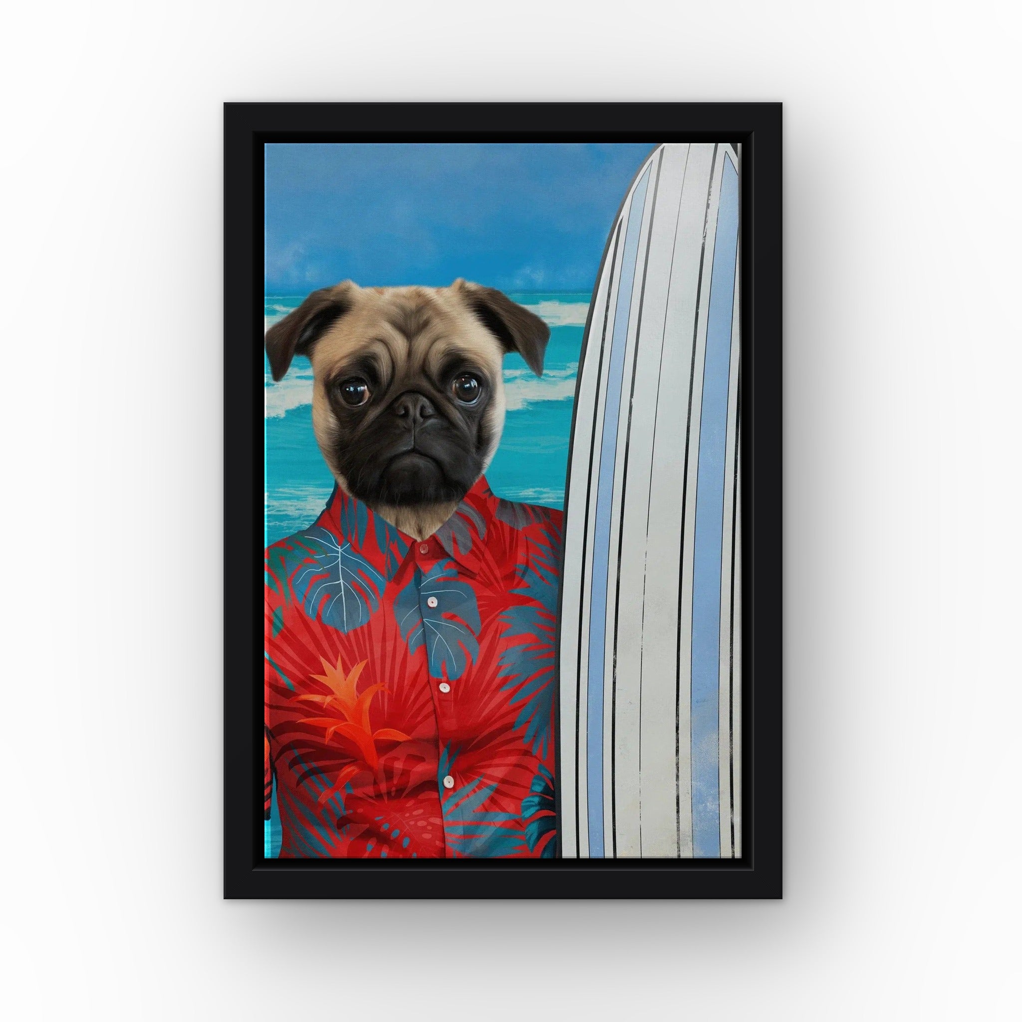 The Surfer (red) custom pet canvas in a black floating frame