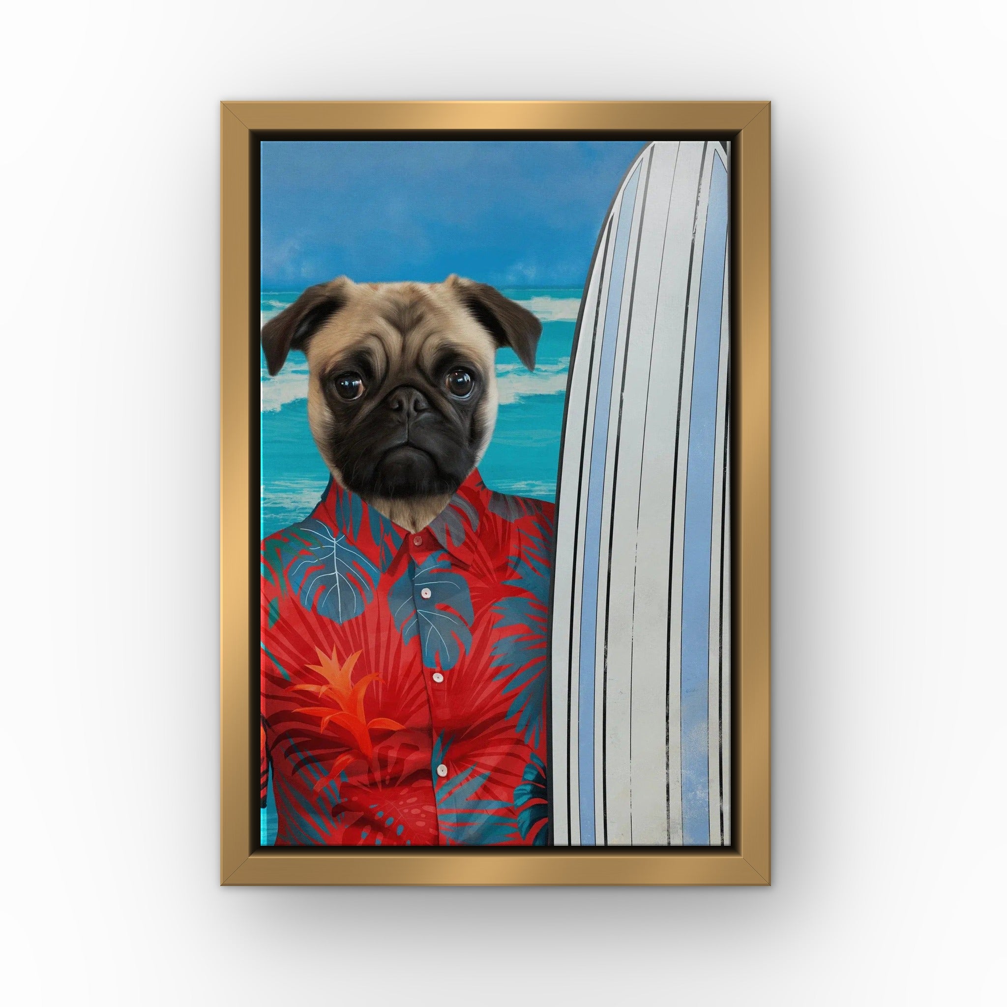 The Surfer (red) custom pet canvas in a gold floating frame