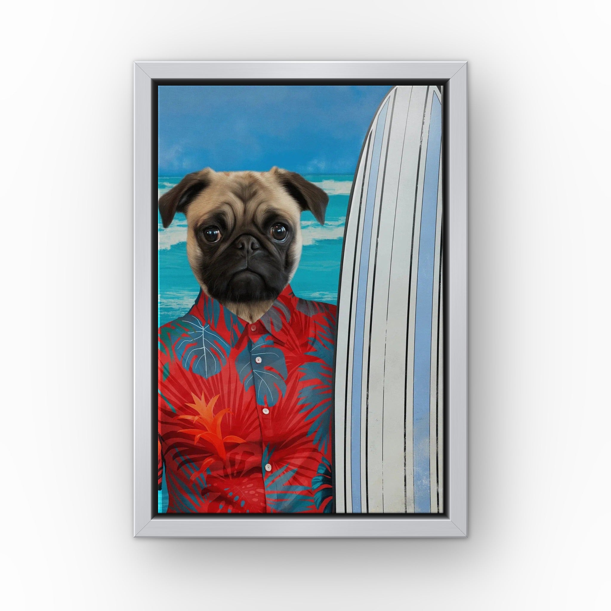 The Surfer (red) custom pet canvas in a silver floating frame