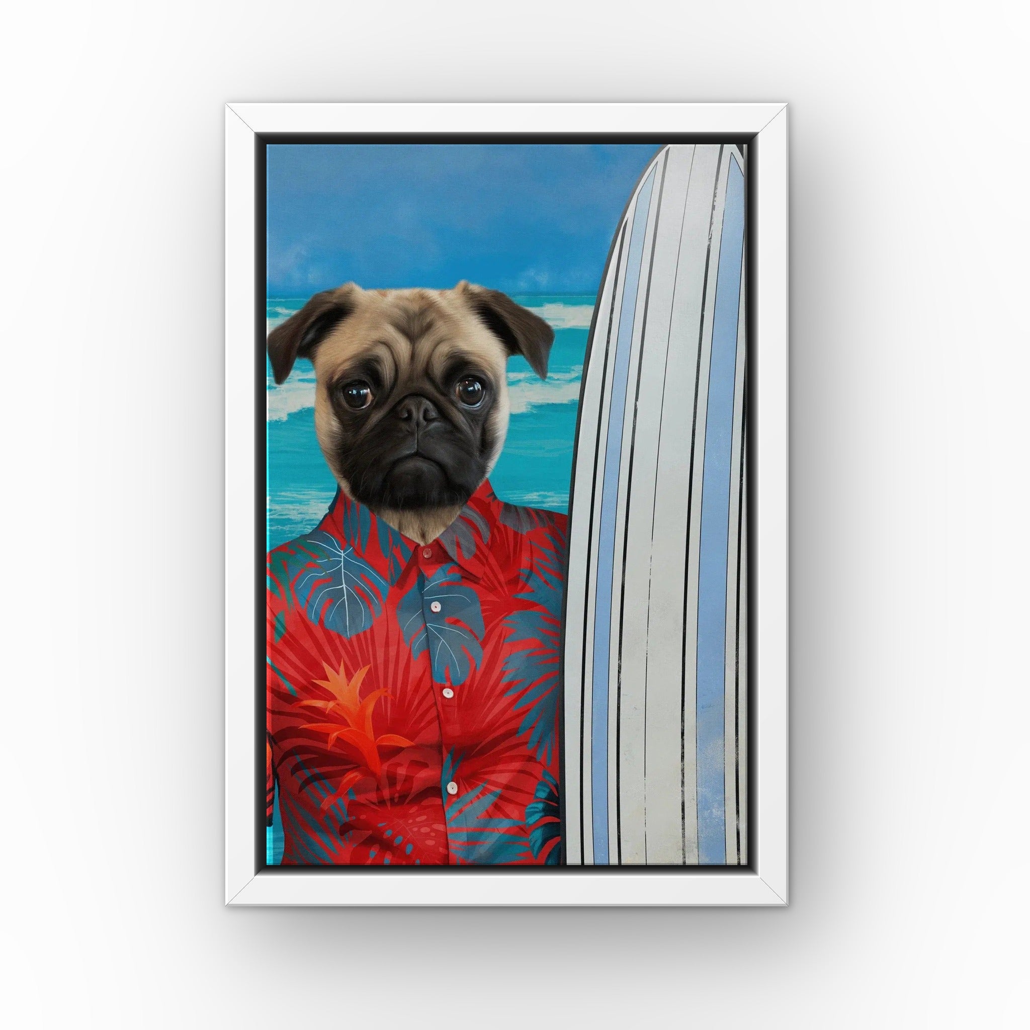 The Surfer (red) custom pet canvas in a white floating frame