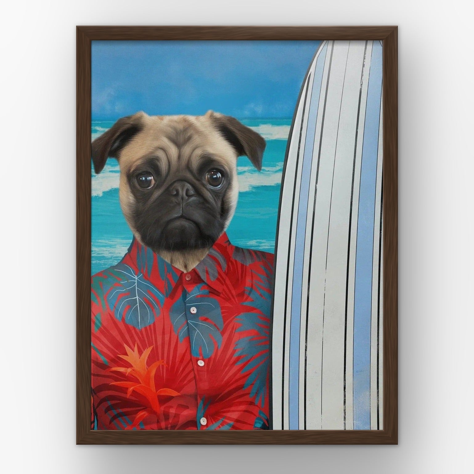 The Surfer (red) custom pet poster in a walnut frame