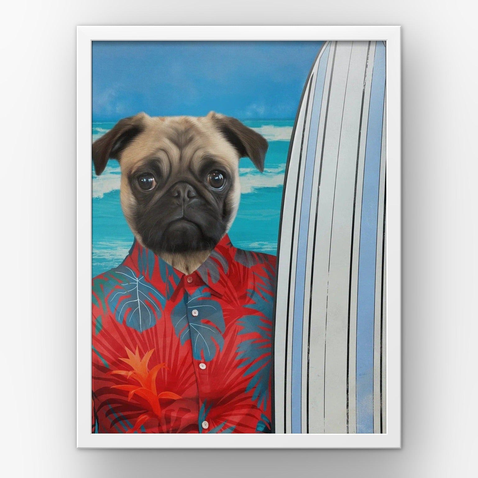 The Surfer (red) custom pet poster in a white frame