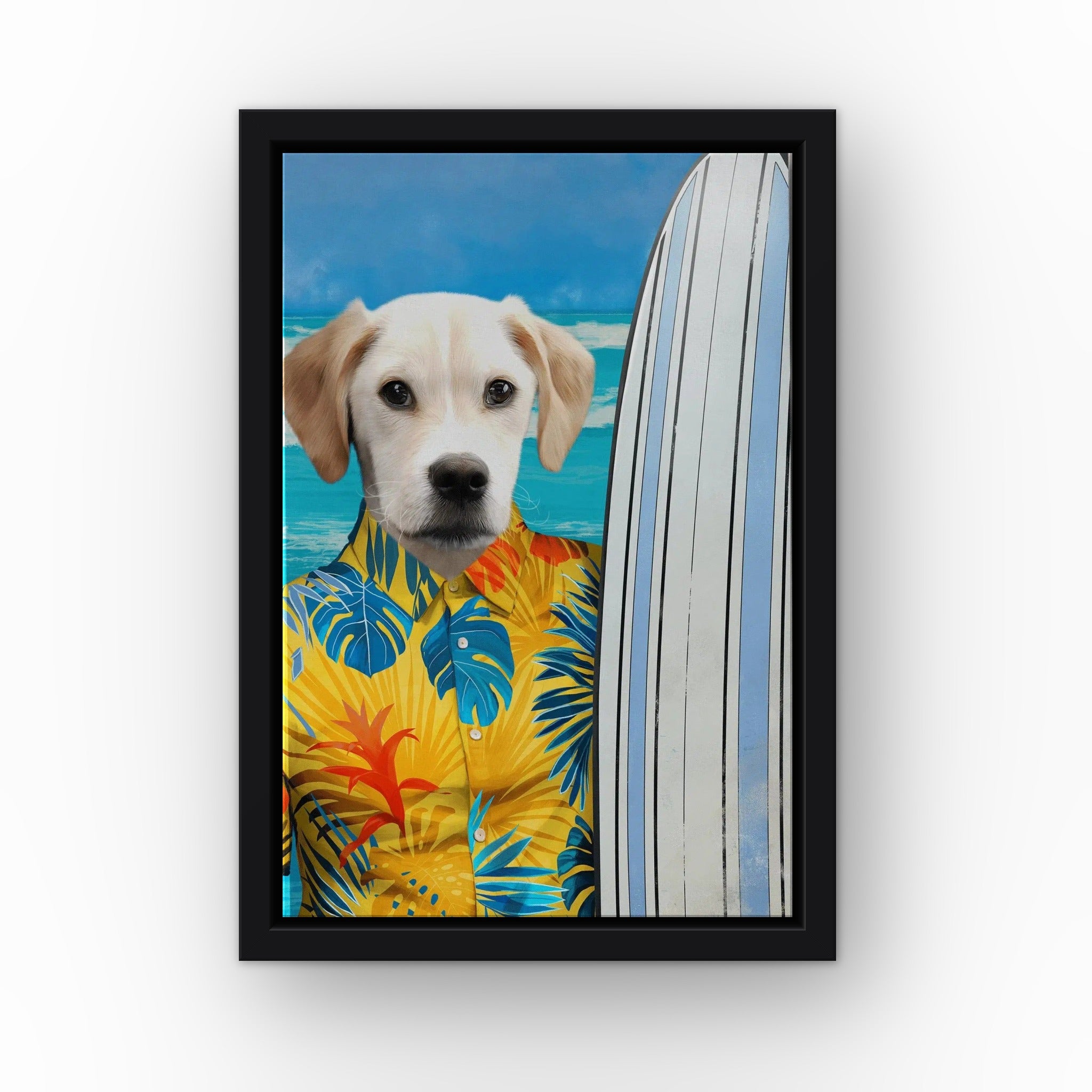 The Surfer (yellow) custom pet canvas in a black floating frame