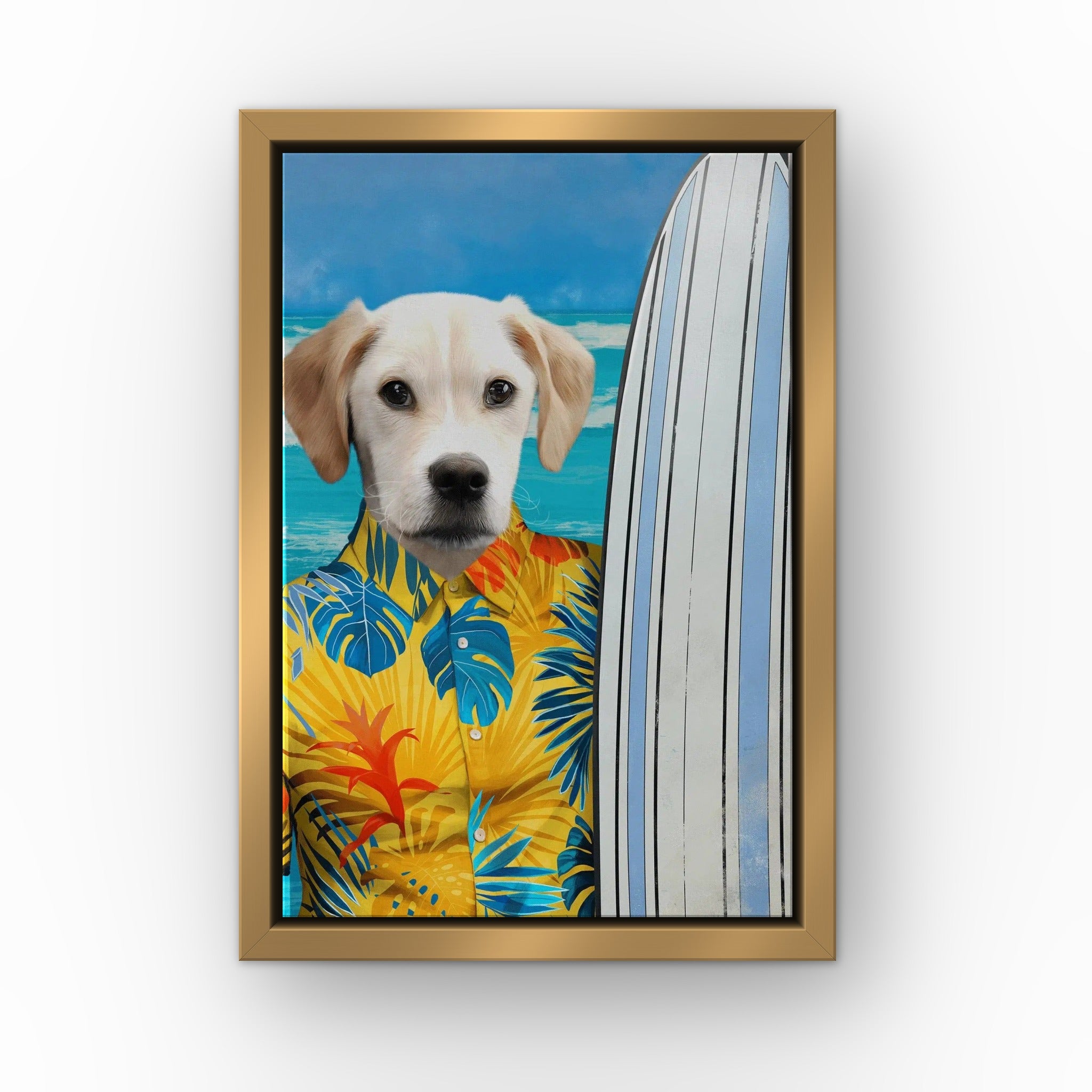 The Surfer (yellow) custom pet canvas in a gold floating frame