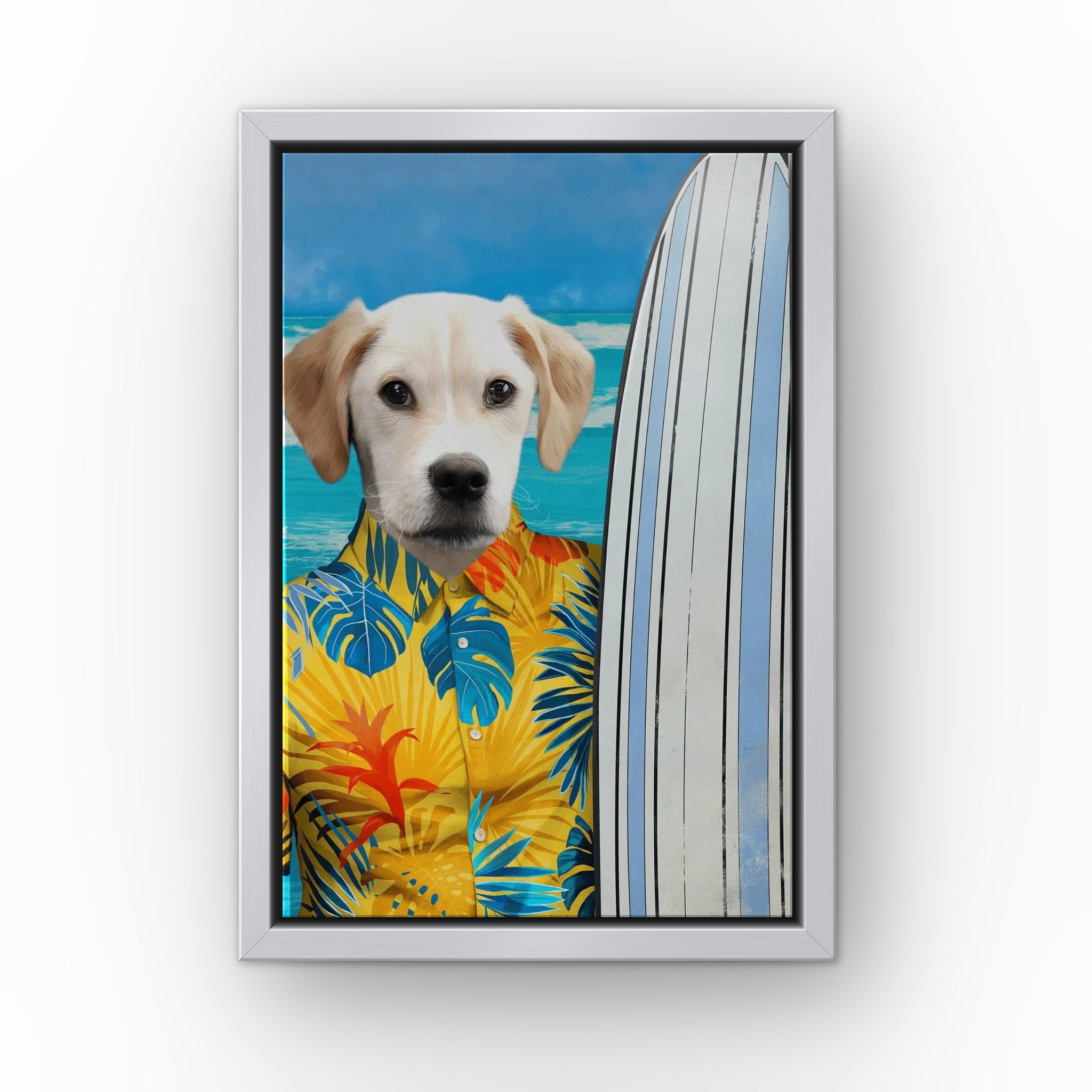 The Surfer (yellow) custom pet canvas in a silver floating frame