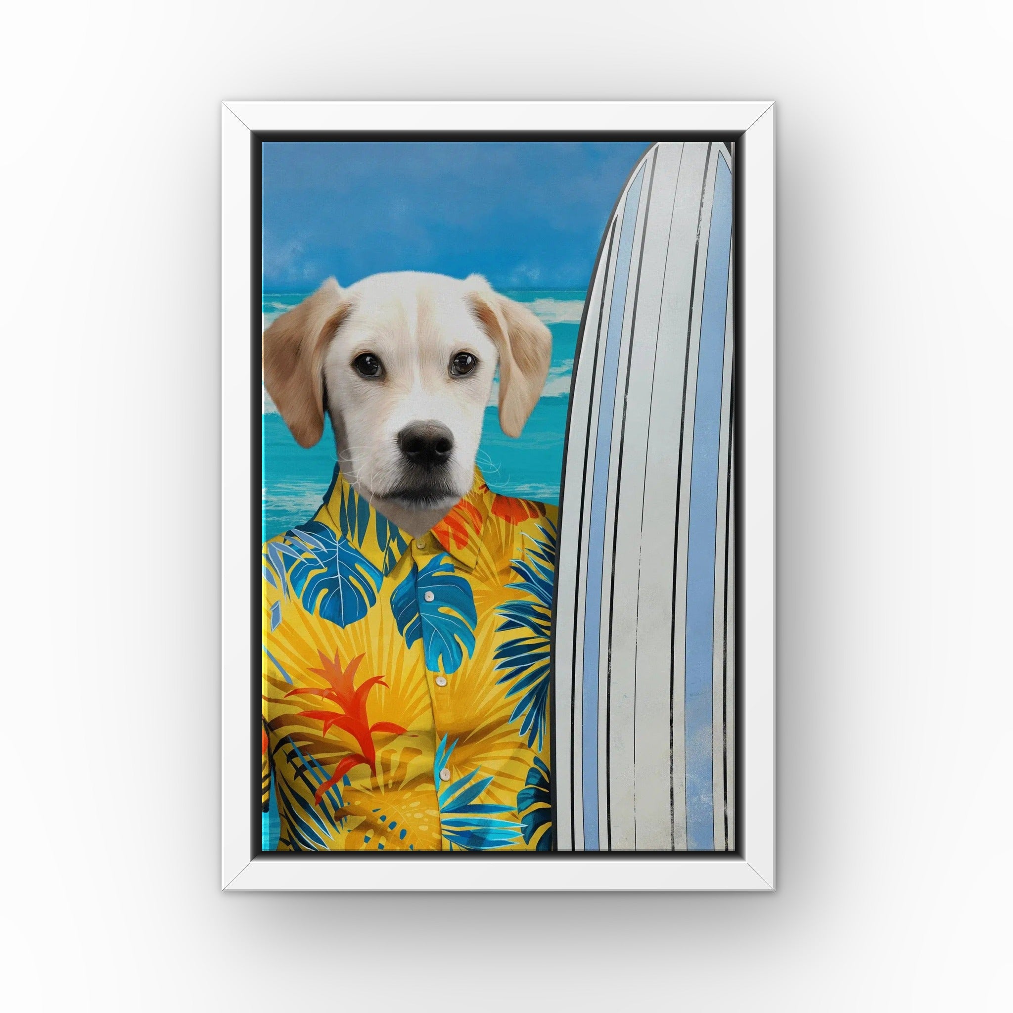 The Surfer (yellow) custom pet canvas in a white floating frame