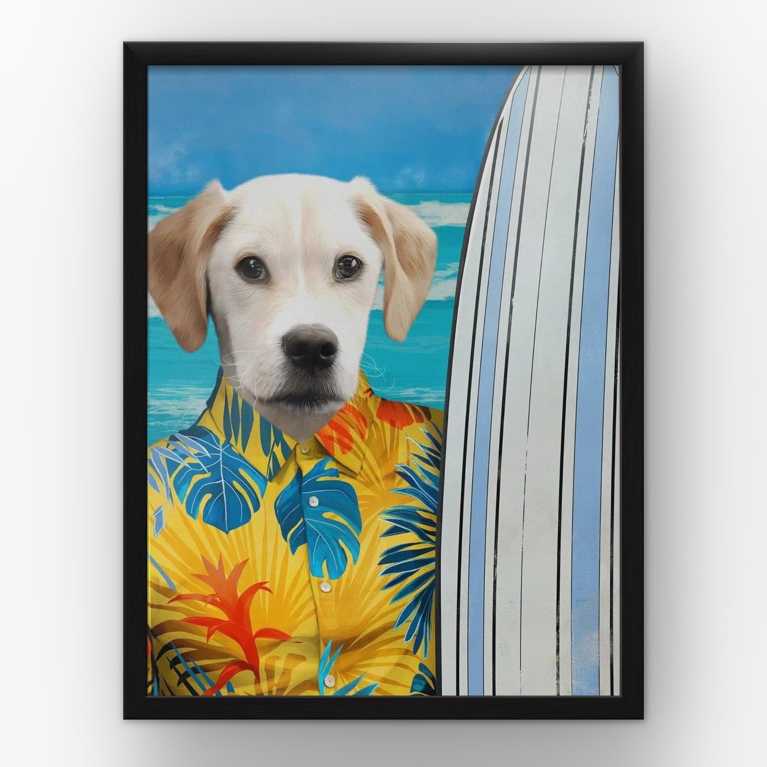 The Surfer (yellow) custom pet poster in a black frame