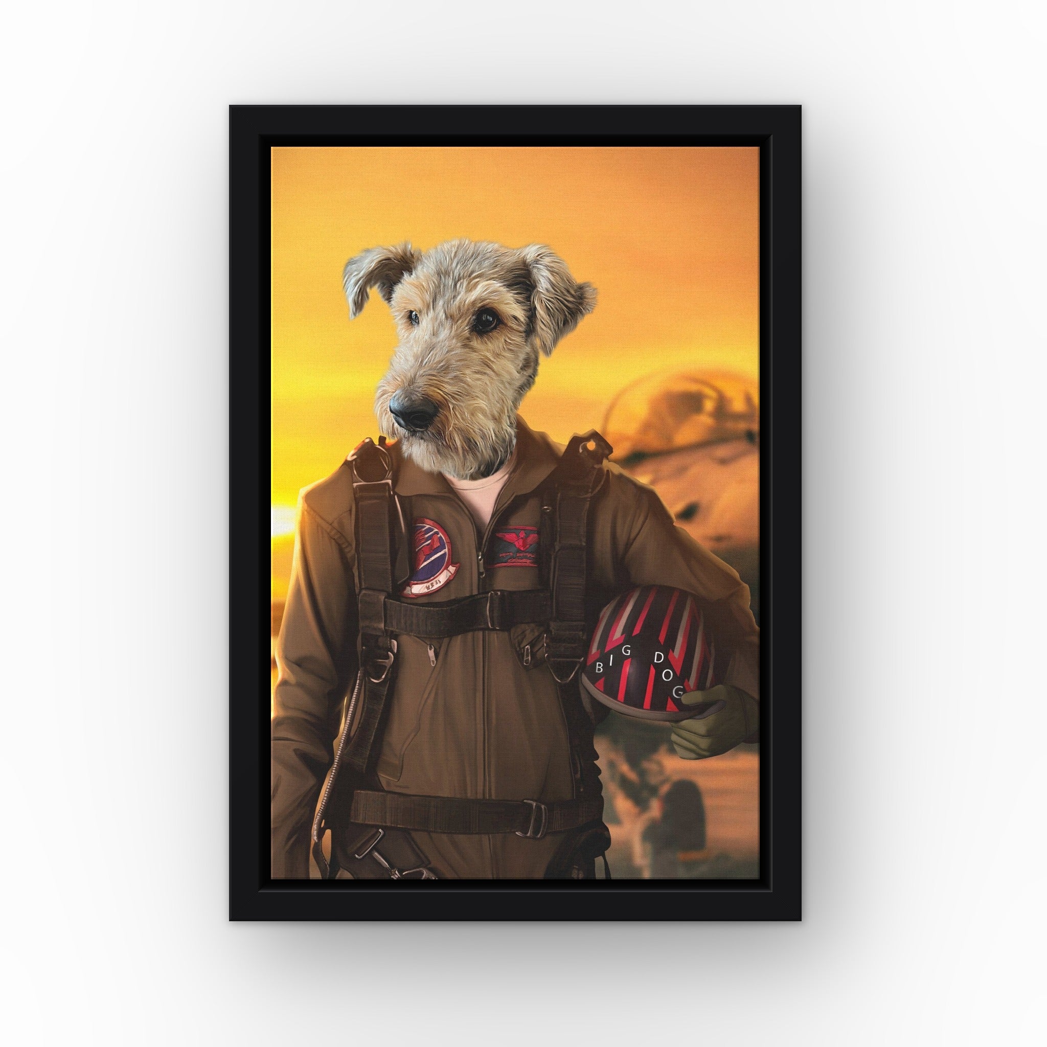 The Top Pilot custom pet canvas in a black floating frame