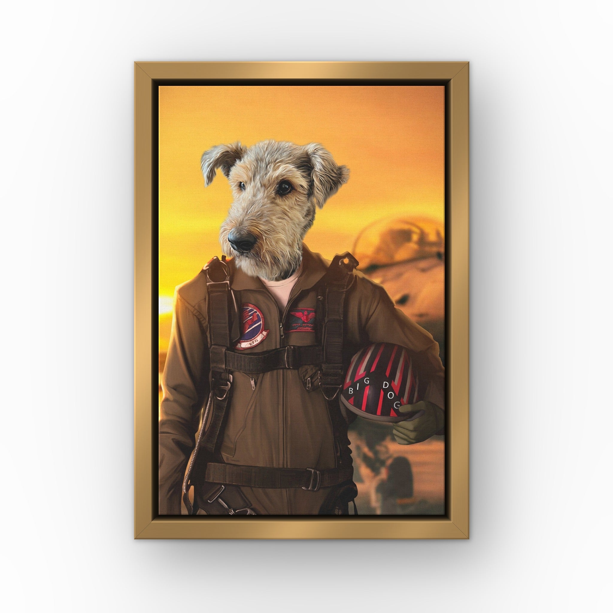 The Top Pilot custom pet canvas in a gold floating frame
