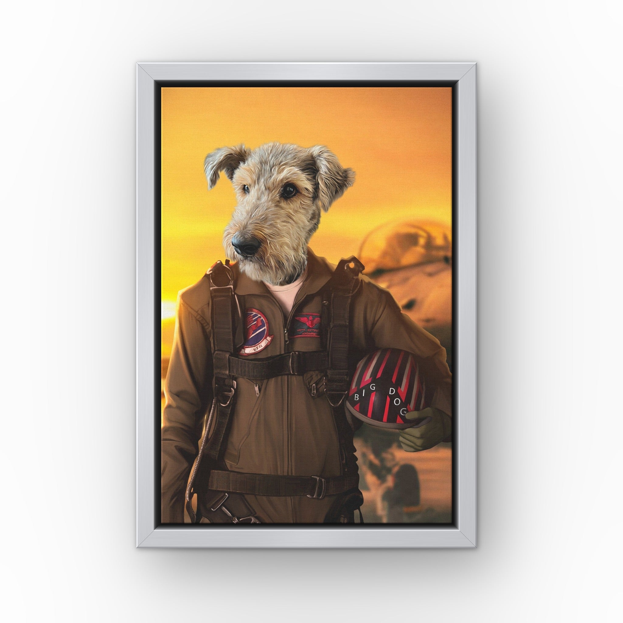 The Top Pilot custom pet canvas in a silver floating frame