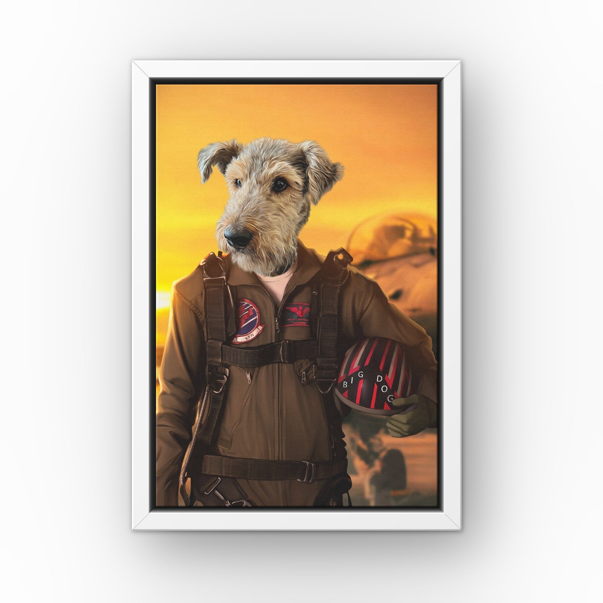 The Top Pilot custom pet canvas in a white floating frame