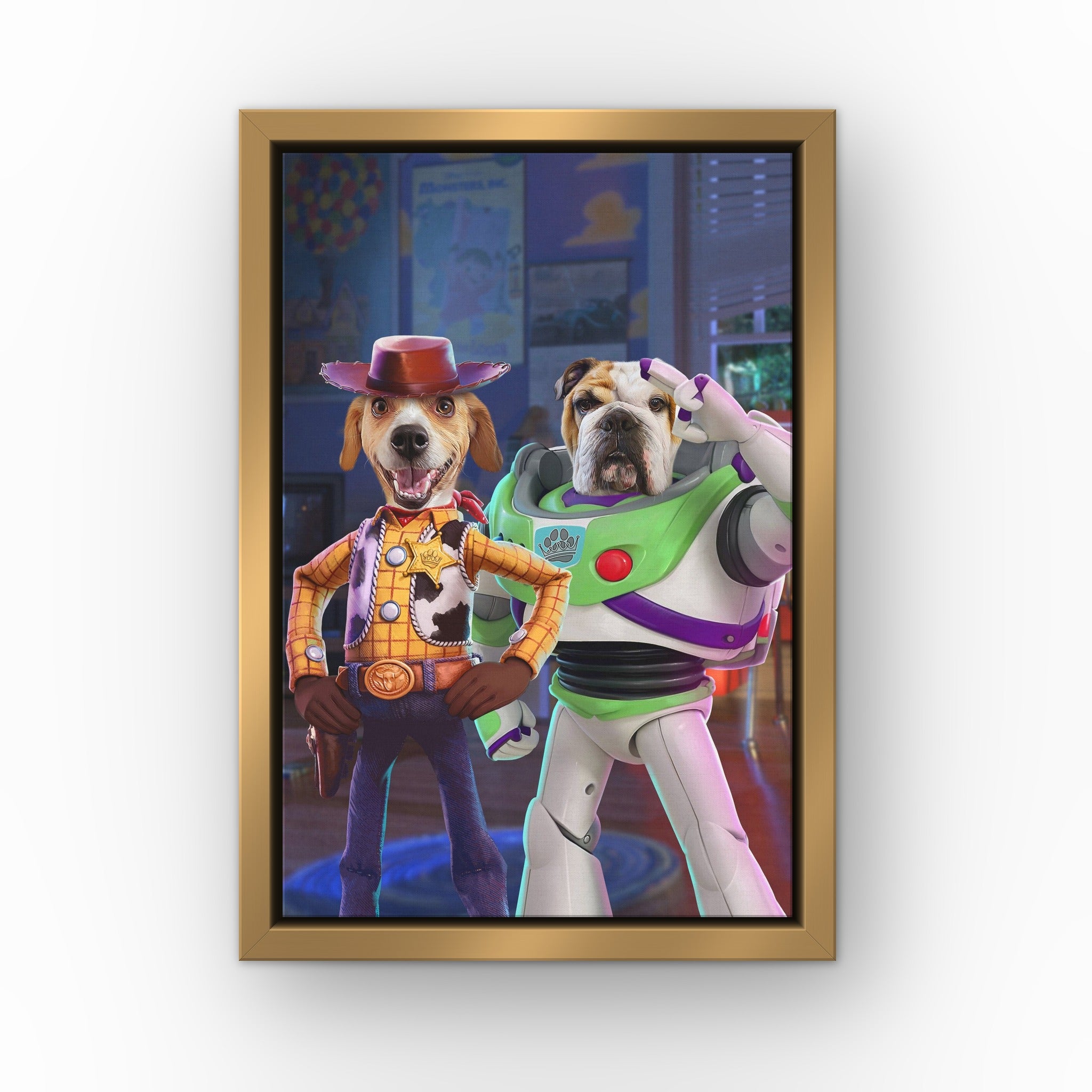 The Toy Best Friends custom pet canvas in a gold floating frame