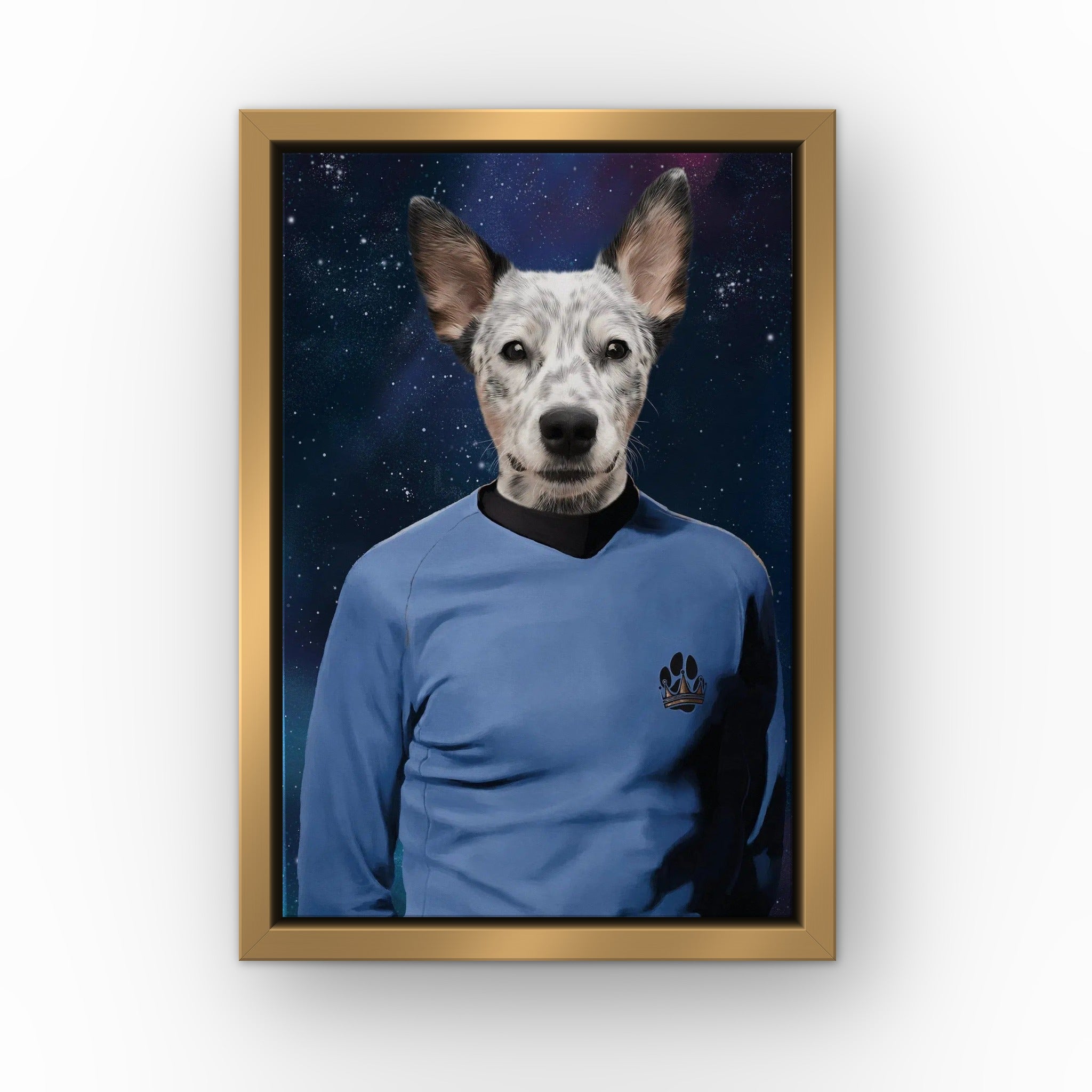 The Trekkie custom pet canvas in a gold floating frame