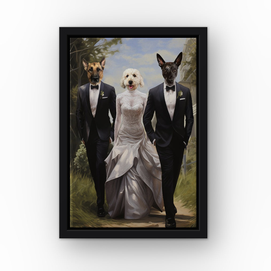 The Wedding custom pet canvas in a black floating frame
