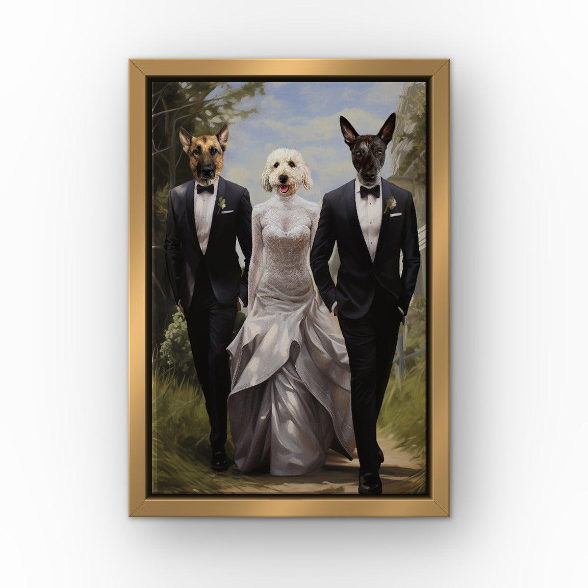 The Wedding custom pet canvas in a gold floating frame