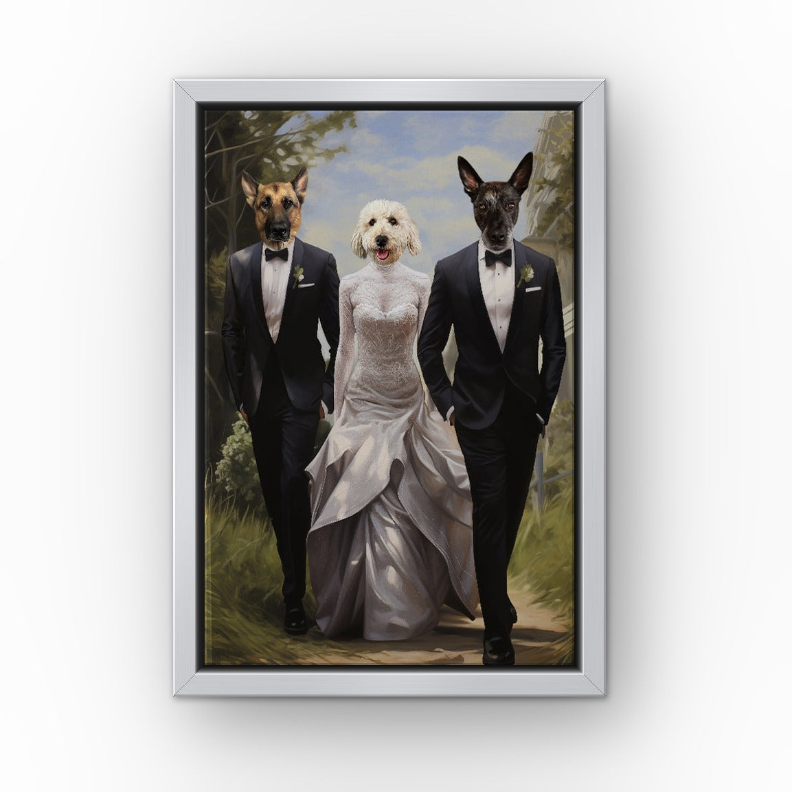 The Wedding custom pet canvas in a silver floating frame