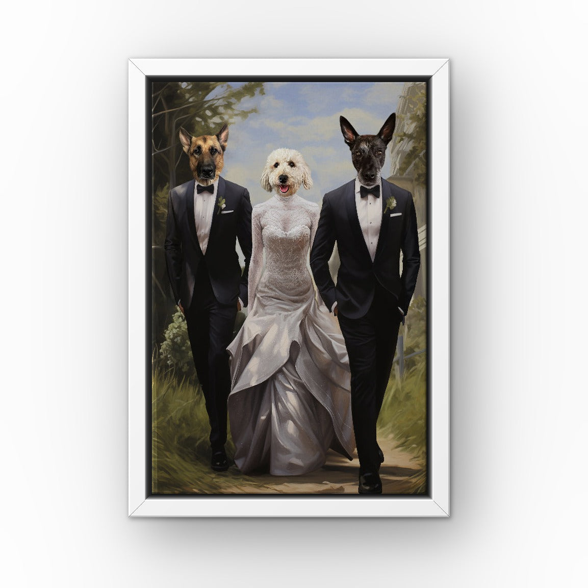 The Wedding custom pet canvas in a white floating frame