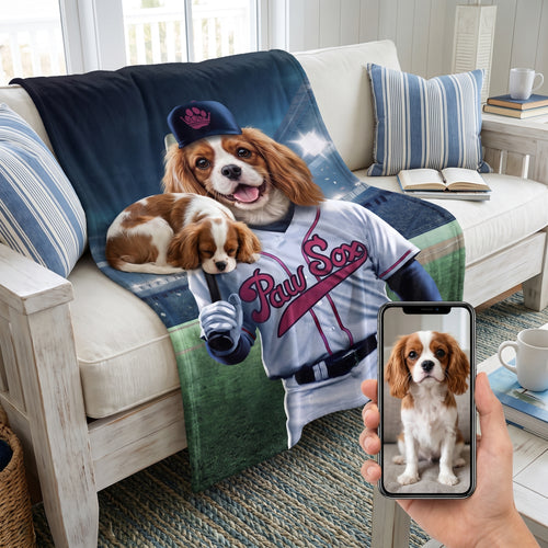 Cavalier King Charles spaniel with the Boston Paw Sox custom pet blanket: pet + phone + blanket