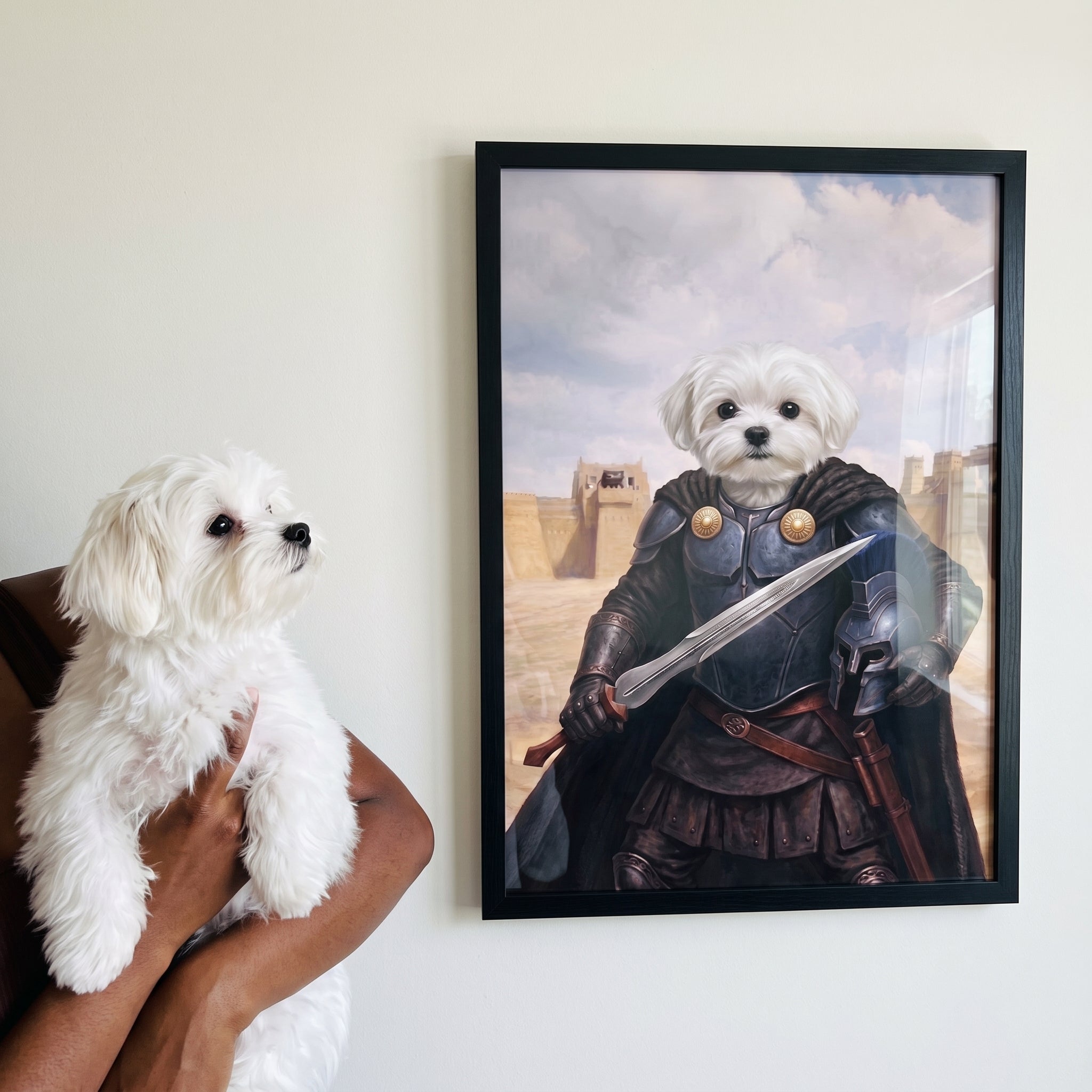 Maltese next to its Agamemnon custom pet poster