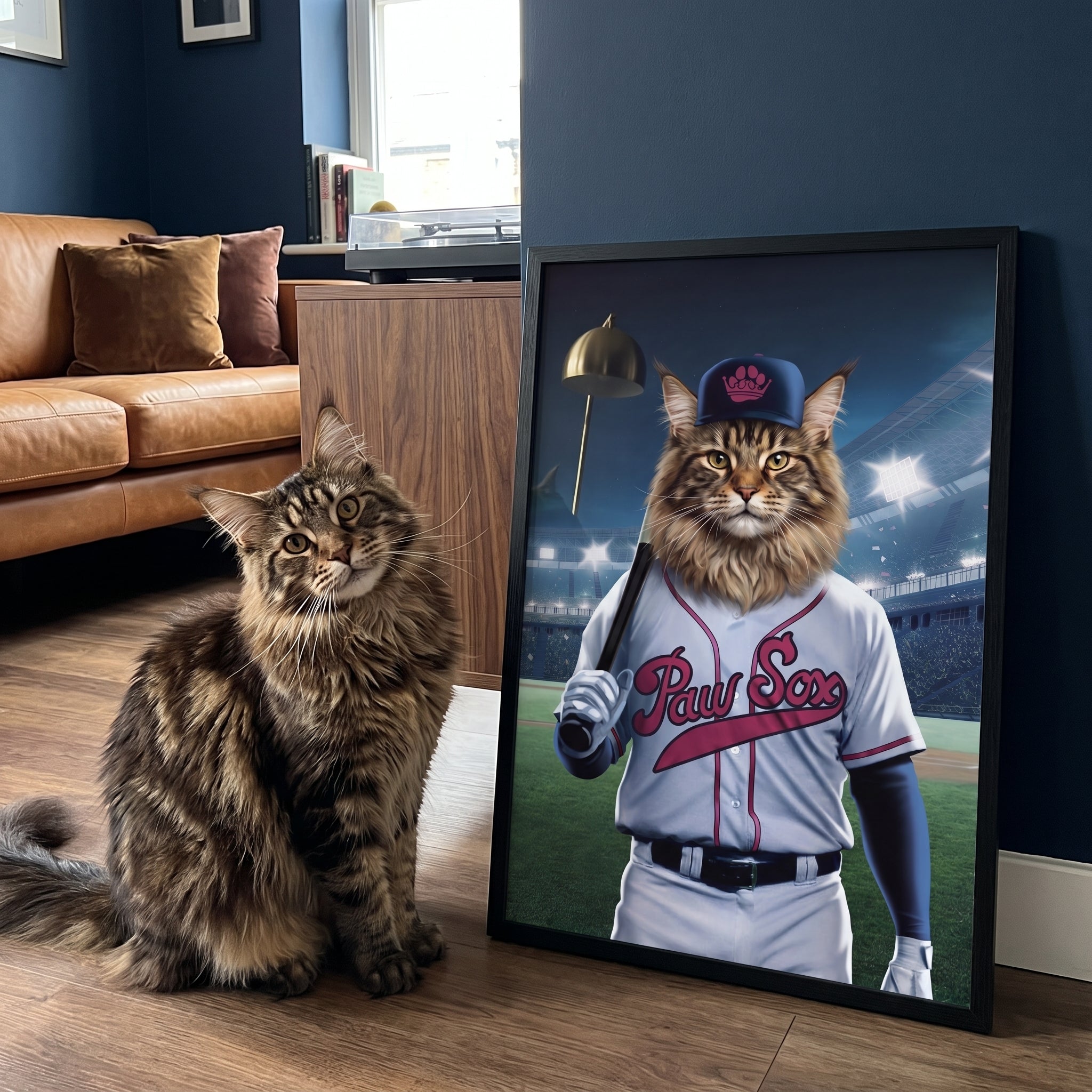 Fluffy maine coon cat next to its Boston Paw Sox custom pet poster
