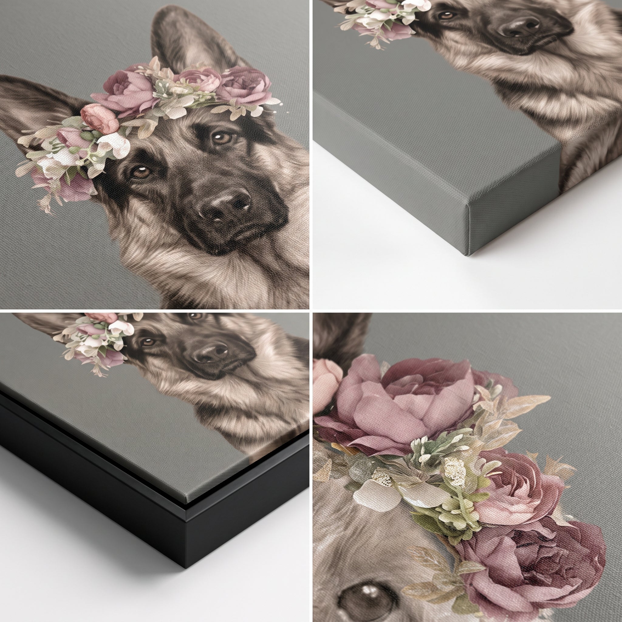Close-up details of the Floral Crown Pet Portrait custom pet canvas