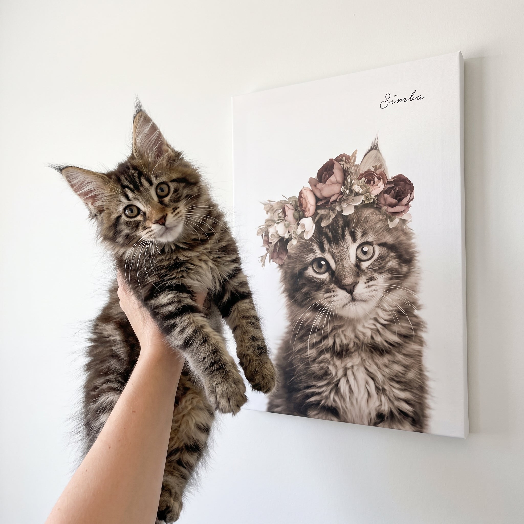 Fluffy maine coon cat next to its Floral Crown Pet Portrait custom pet canvas