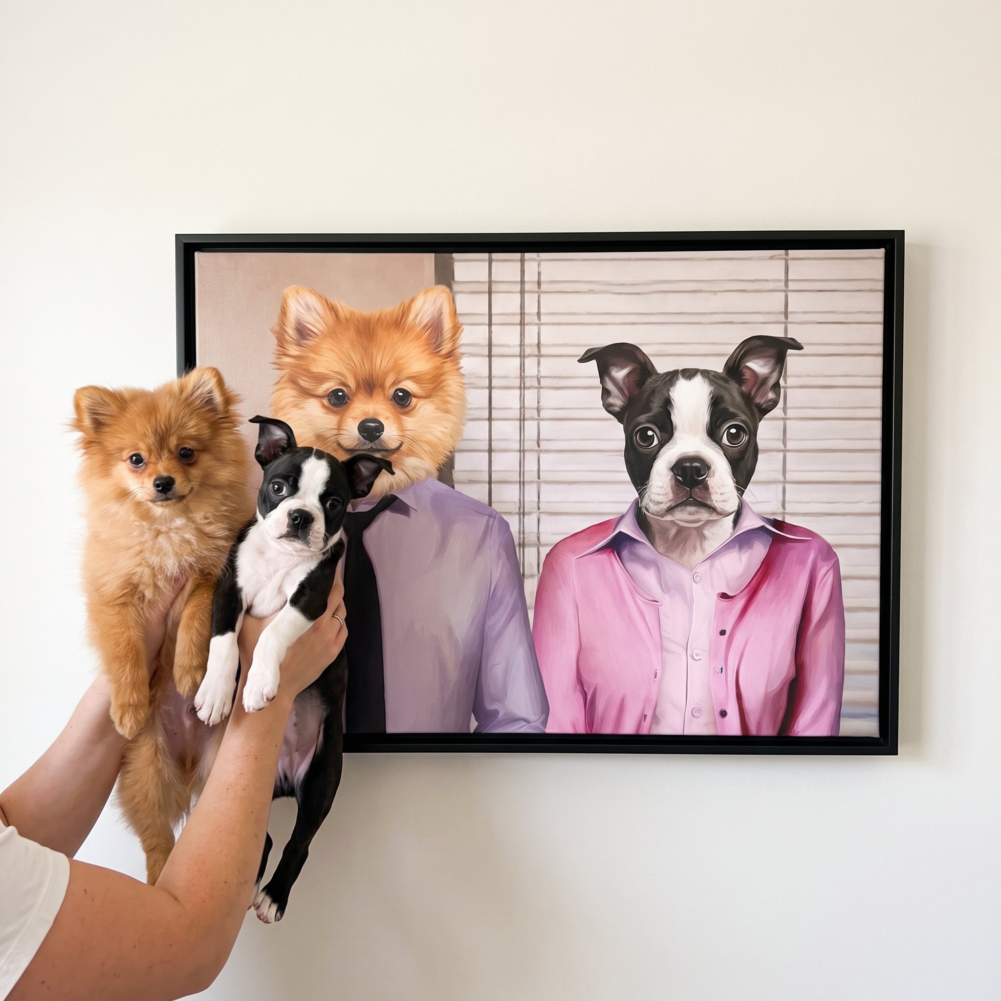 Pomeranian and boston terrier next to its Jim and Pam custom pet canvas