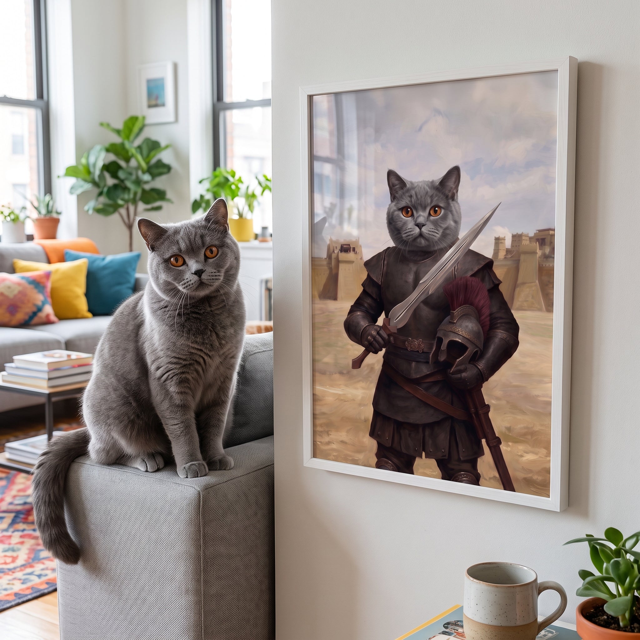 Grey british shorthair cat next to its Odysseus custom pet poster