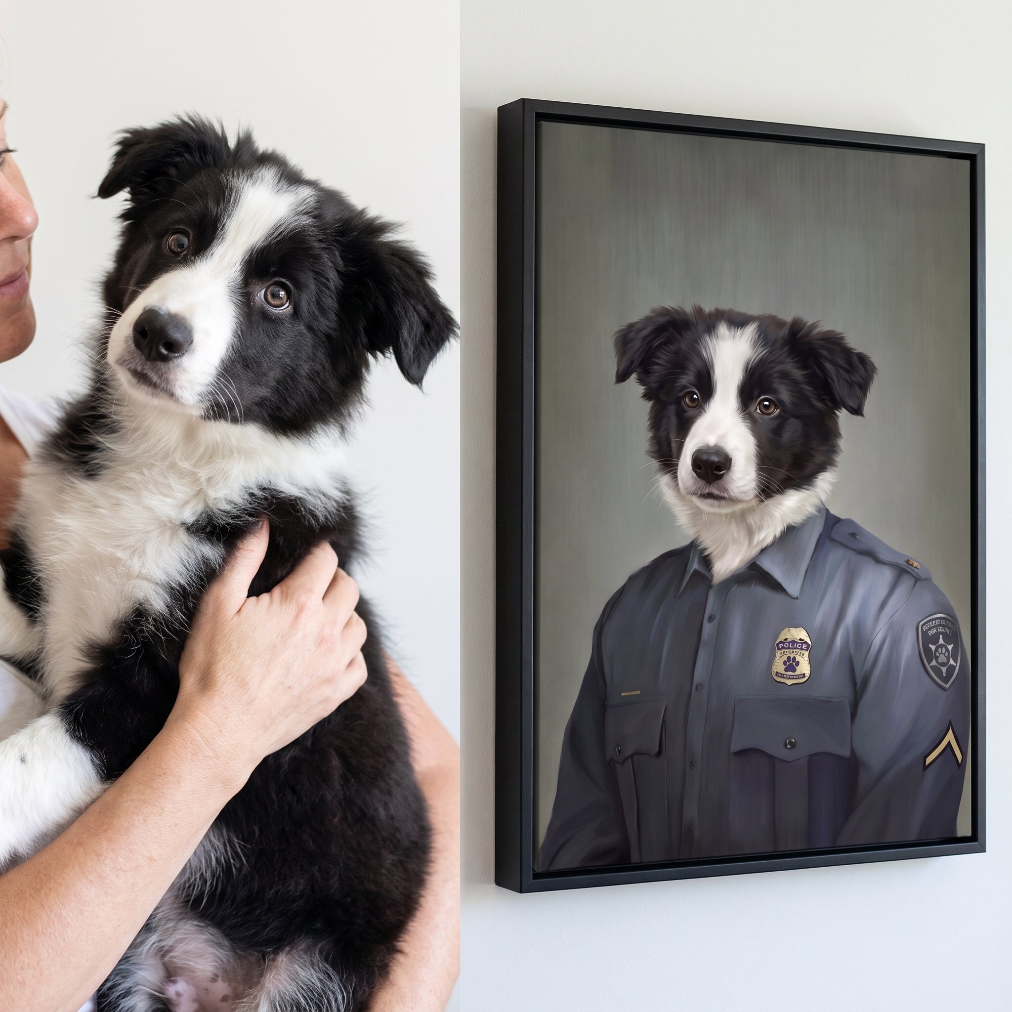 Border collie next to its Police Officer (Male) custom pet canvas