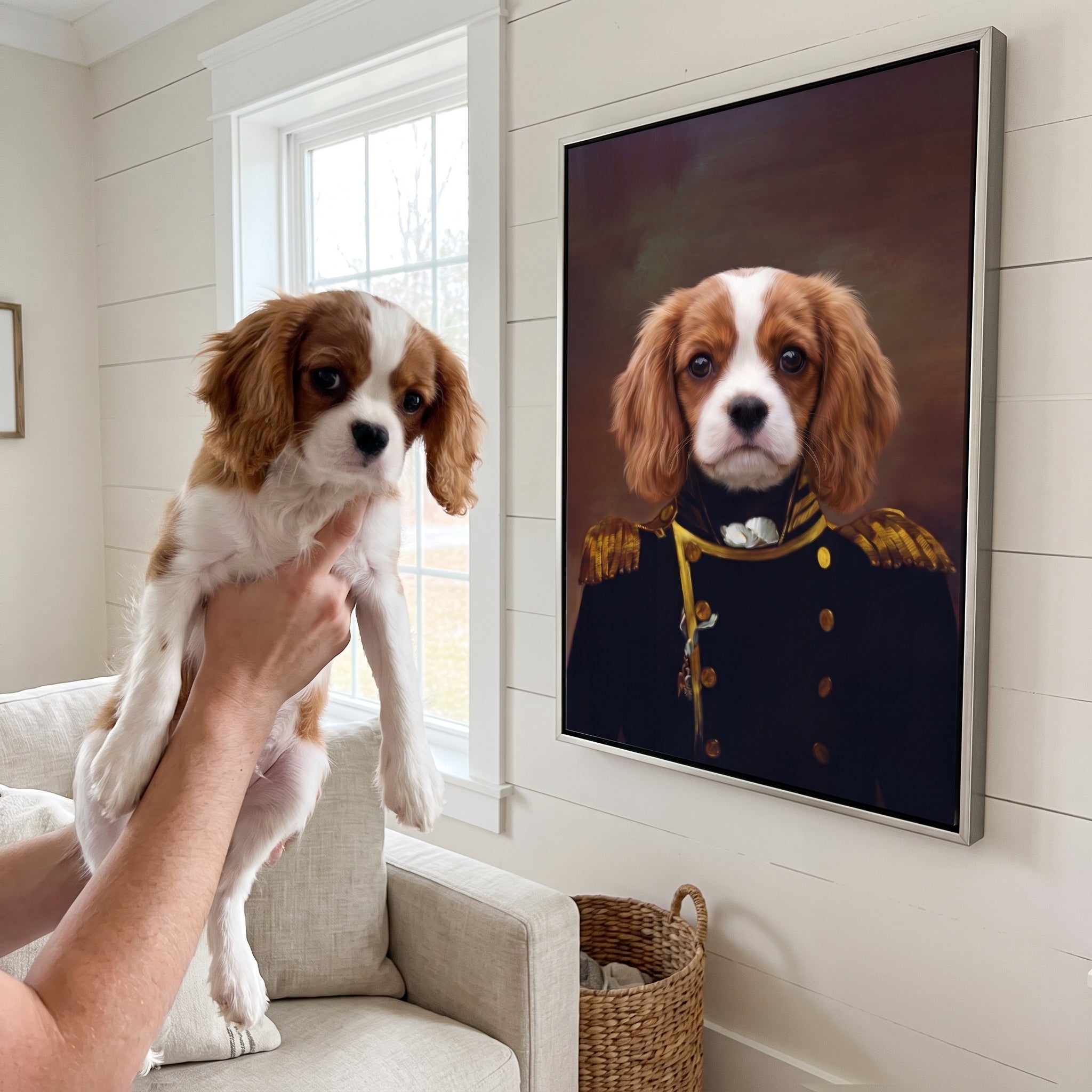 Cavalier king charles spaniel next to its The Admiral custom pet canvas